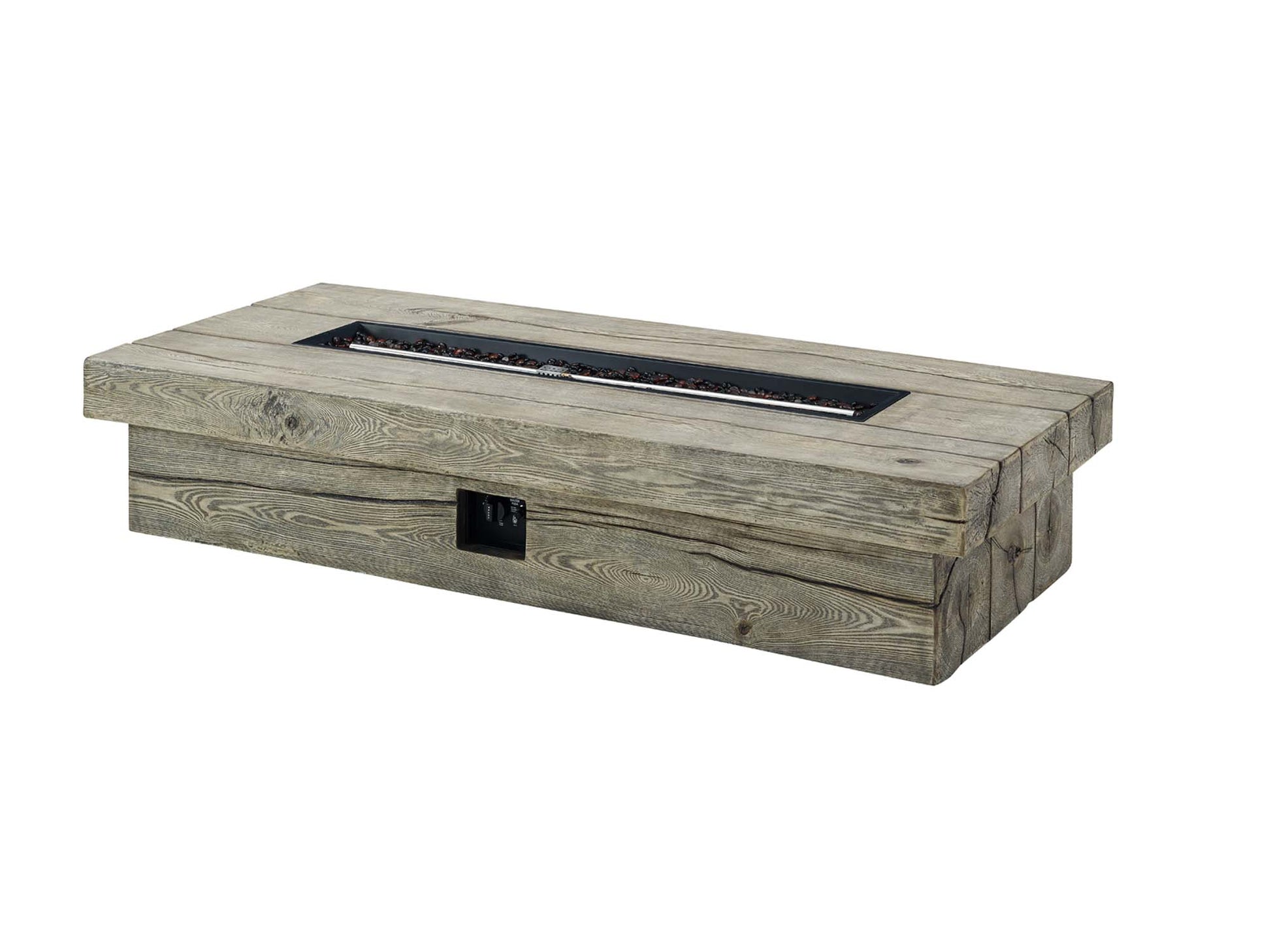 70-inch rectangular outdoor fire pit table in light gray with built-in linear electric fire pit and ember bed.