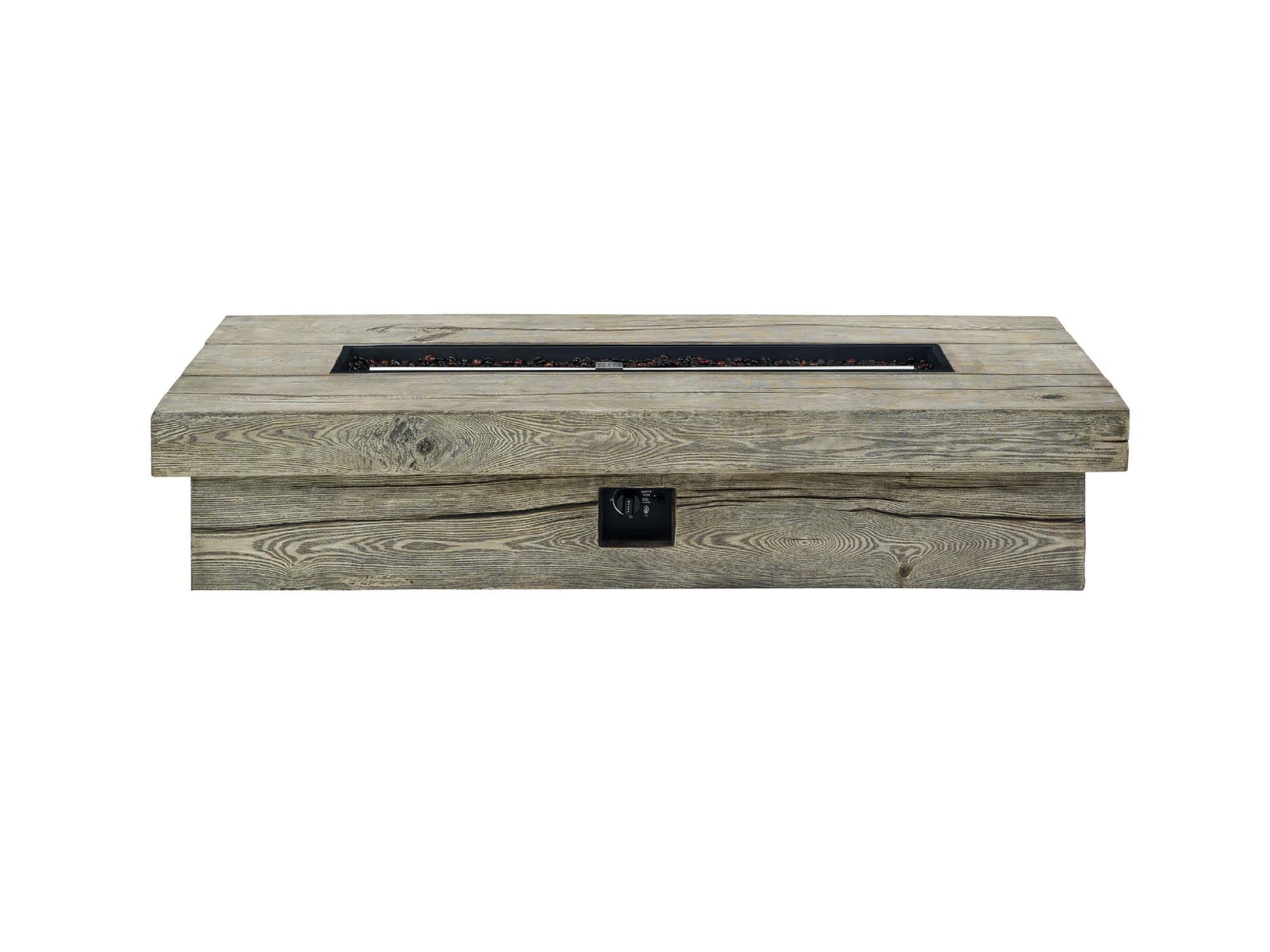 Low-profile outdoor rectangular fire pit table, 70 inches long, light gray, with a recessed rectangular fire pit slot on top.