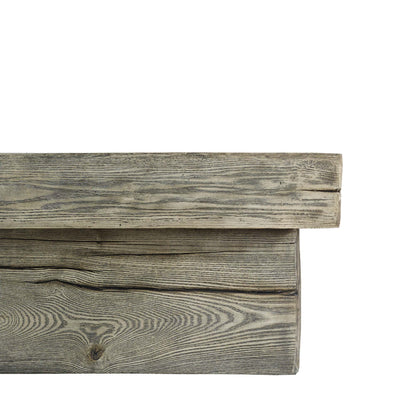Rectangular outdoor patio fire pit table with a weathered gray wood-style finish.