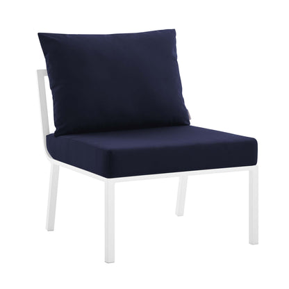 White aluminum armless outdoor patio chair with navy seat cushion and navy back pillow, modern minimalist design.