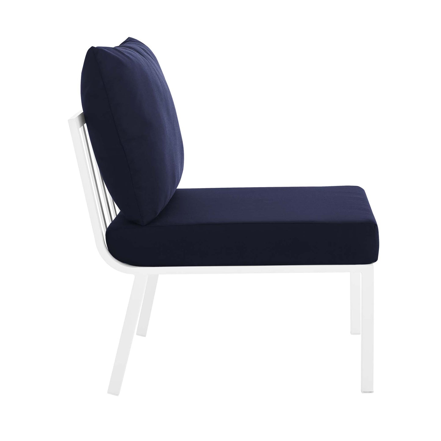 Navy blue cushioned armless chair with white aluminum frame, side profile.