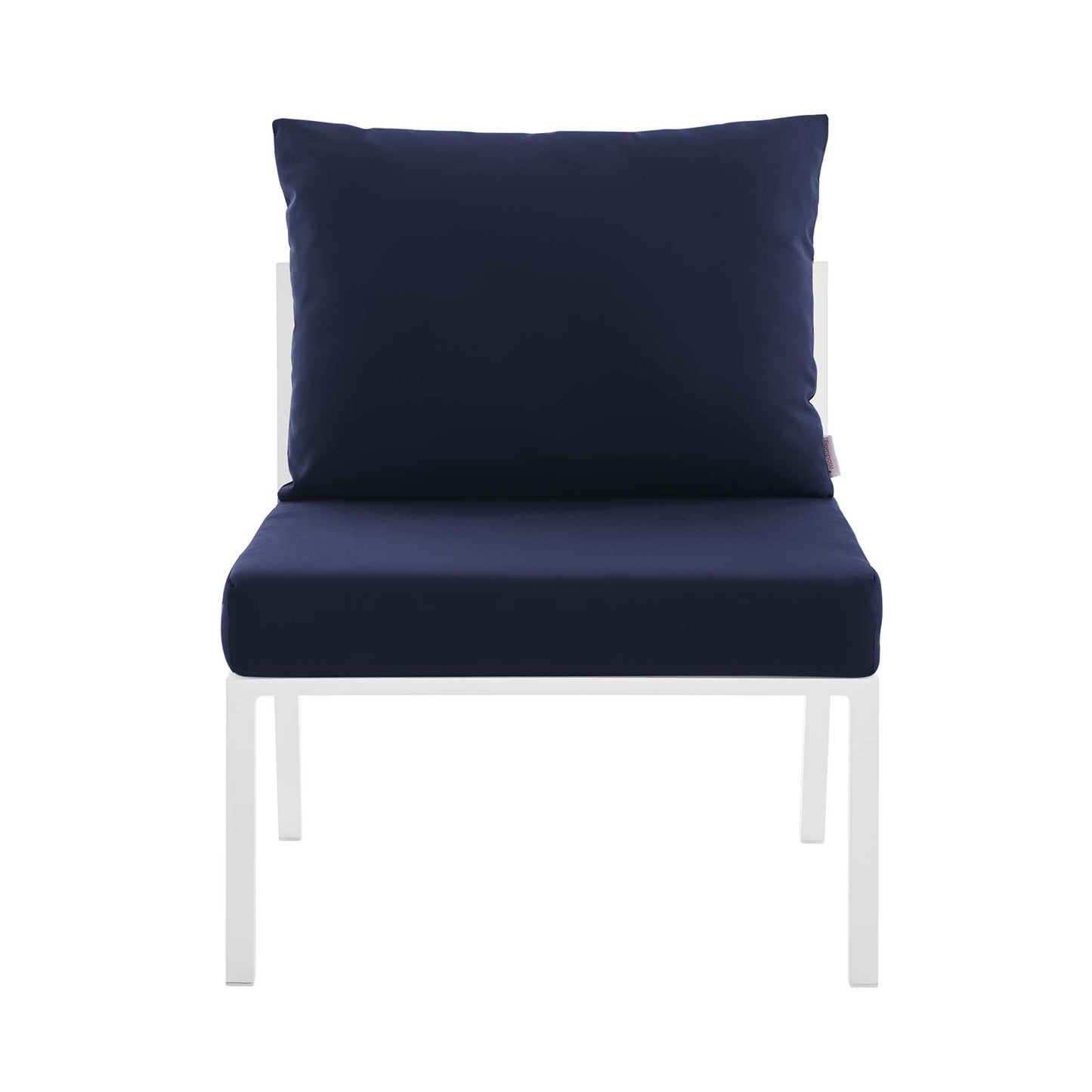 White aluminum armless outdoor patio chair with navy seat and back cushions.