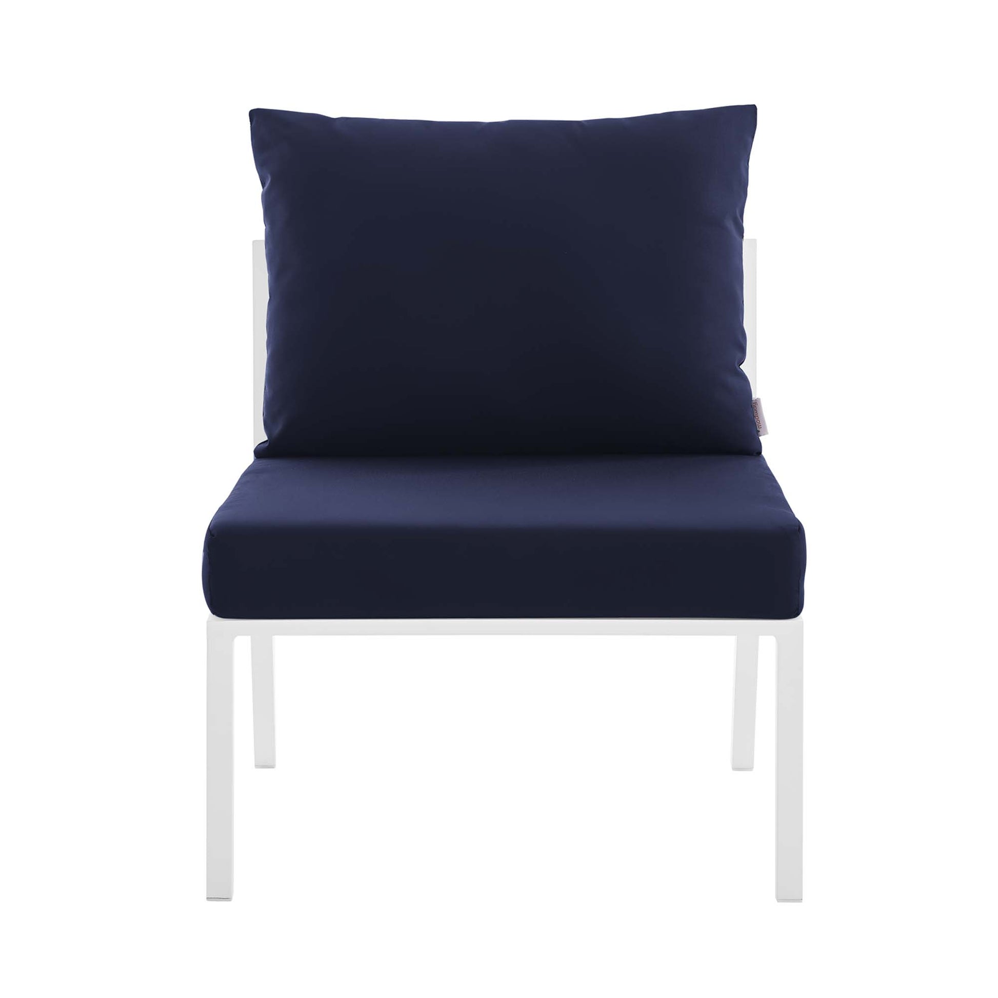 White aluminum armless outdoor patio chair with navy seat and back cushions.