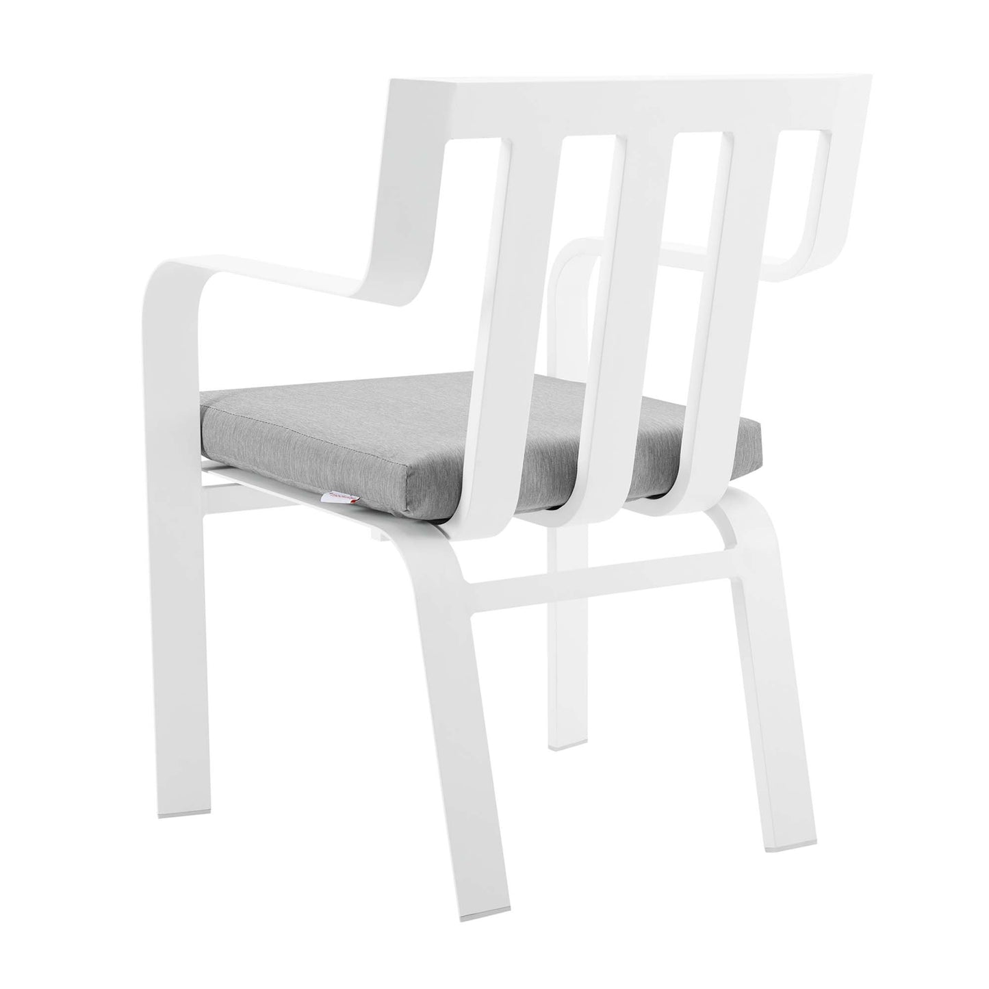 White outdoor aluminum dining armchair with a gray fabric cushion; stackable patio seating.