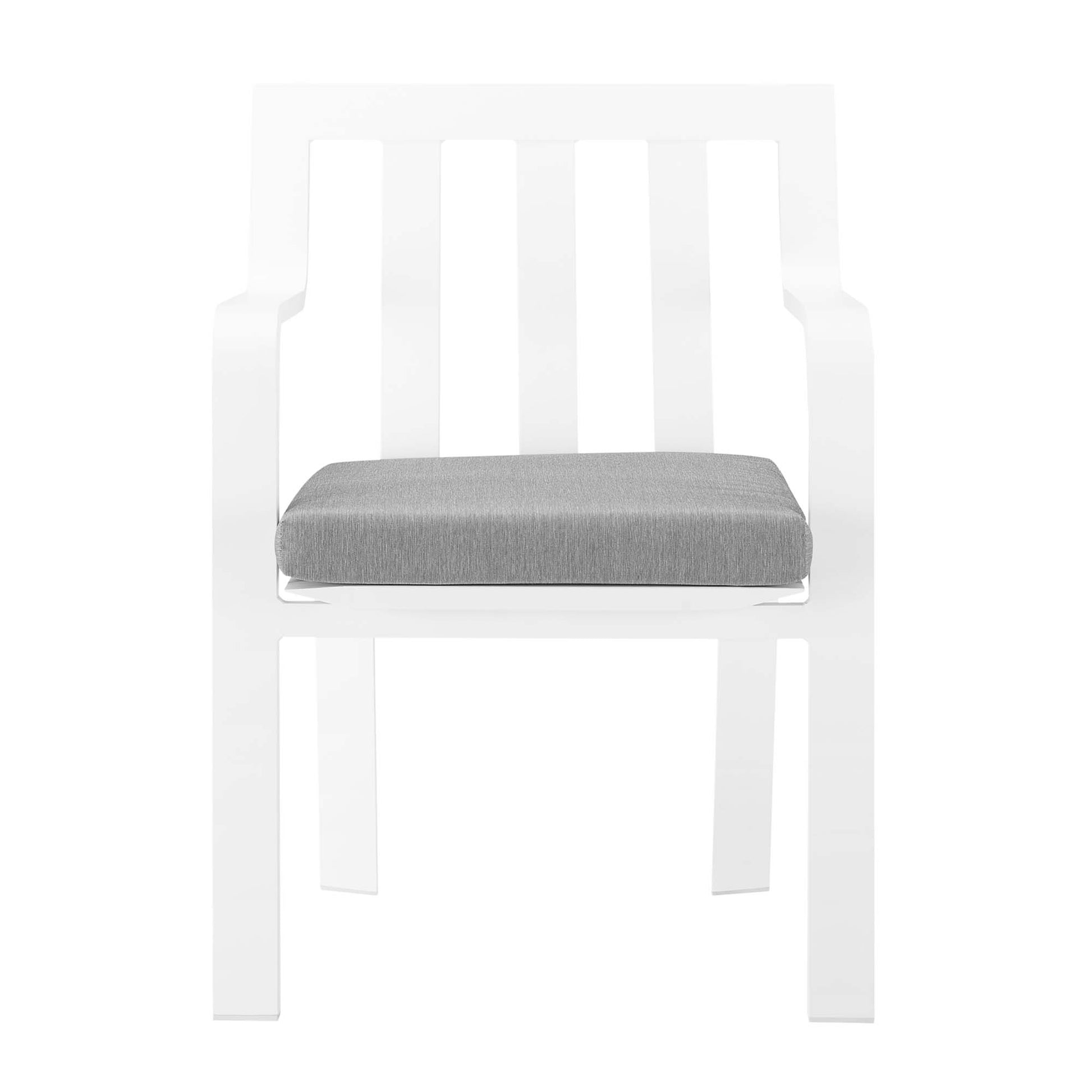 White and gray outdoor aluminum dining armchair with a slatted back, wide arms, and a gray seat cushion.