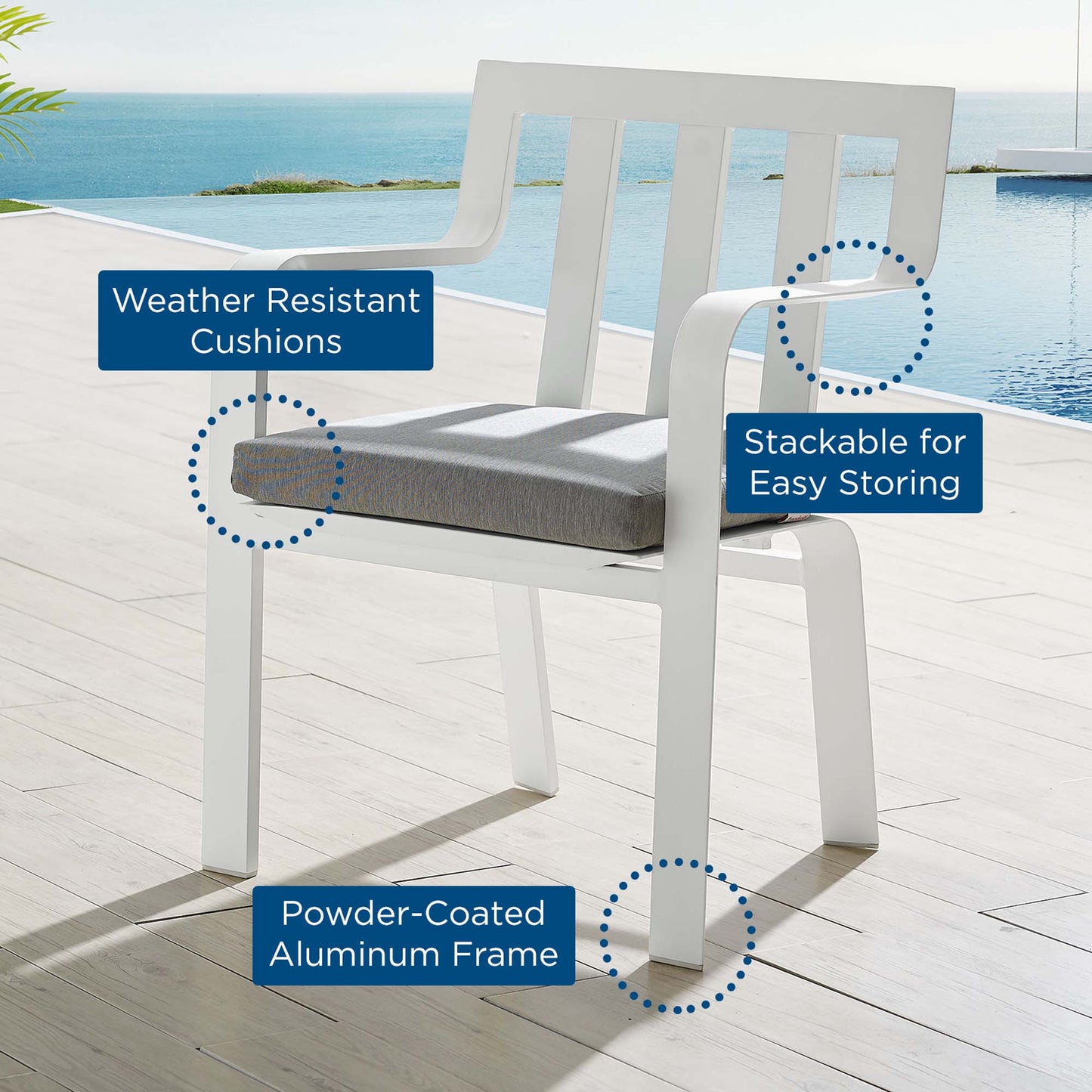 White outdoor chair with gray weather-resistant cushion; powder-coated aluminum frame and stackable for easy storage.