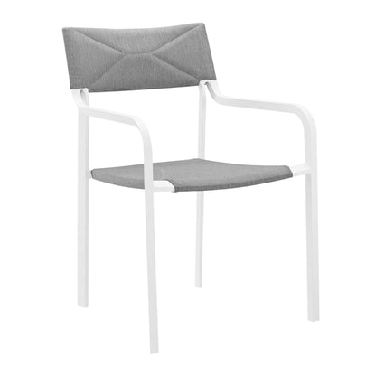 White aluminum-framed outdoor dining armchair with gray fabric cushions on back and seat; curved armrests.