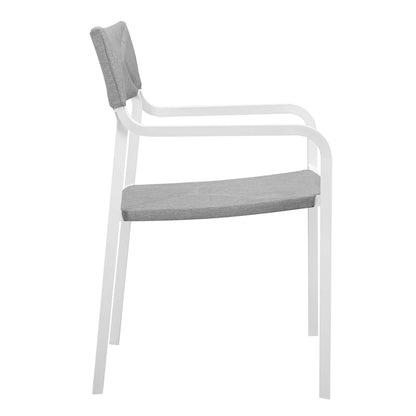 White metal-framed chair with gray fabric seat and small back cushion, curved armrests, modern dining style.