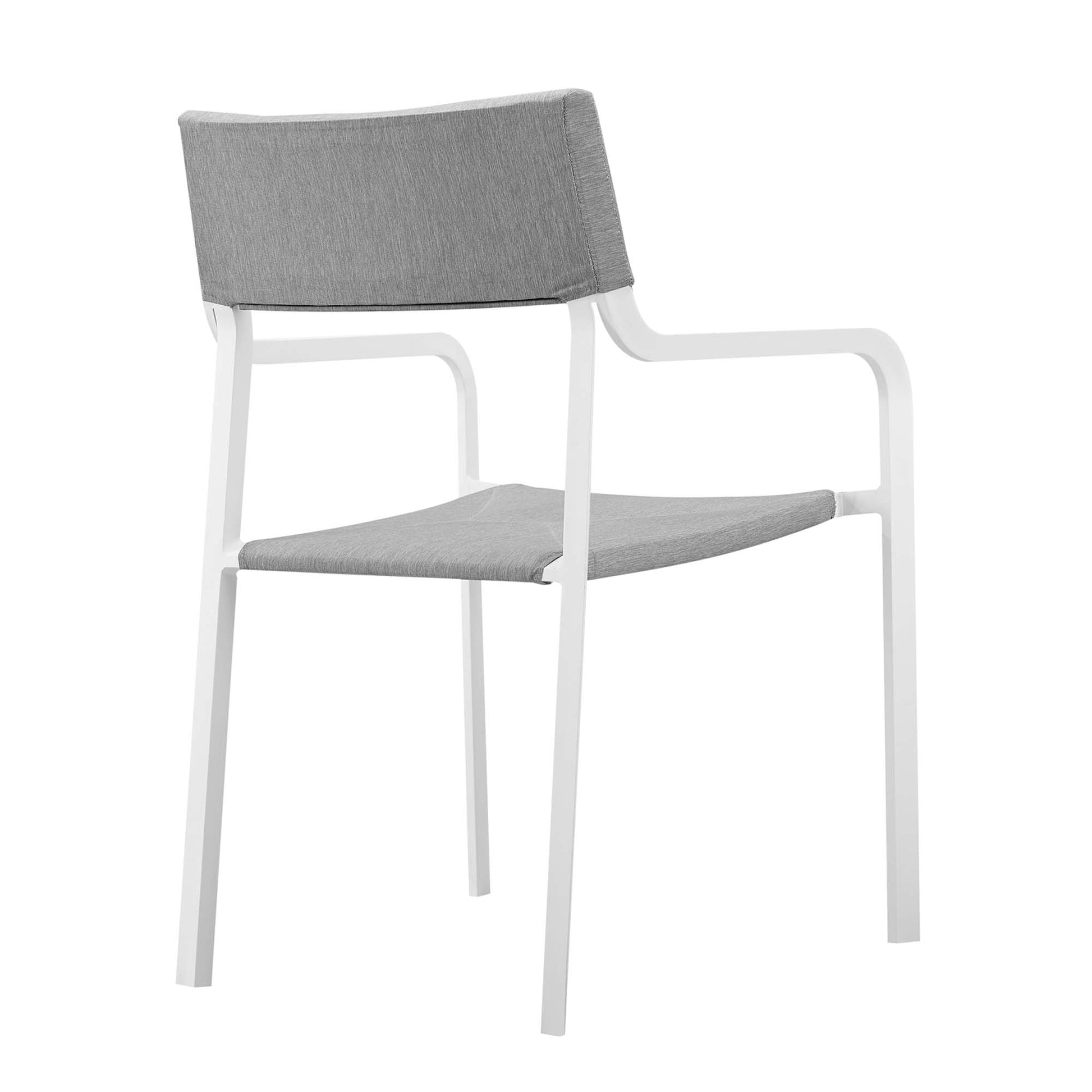 White aluminum outdoor stackable dining armchair with gray fabric seat and back and integrated armrests.