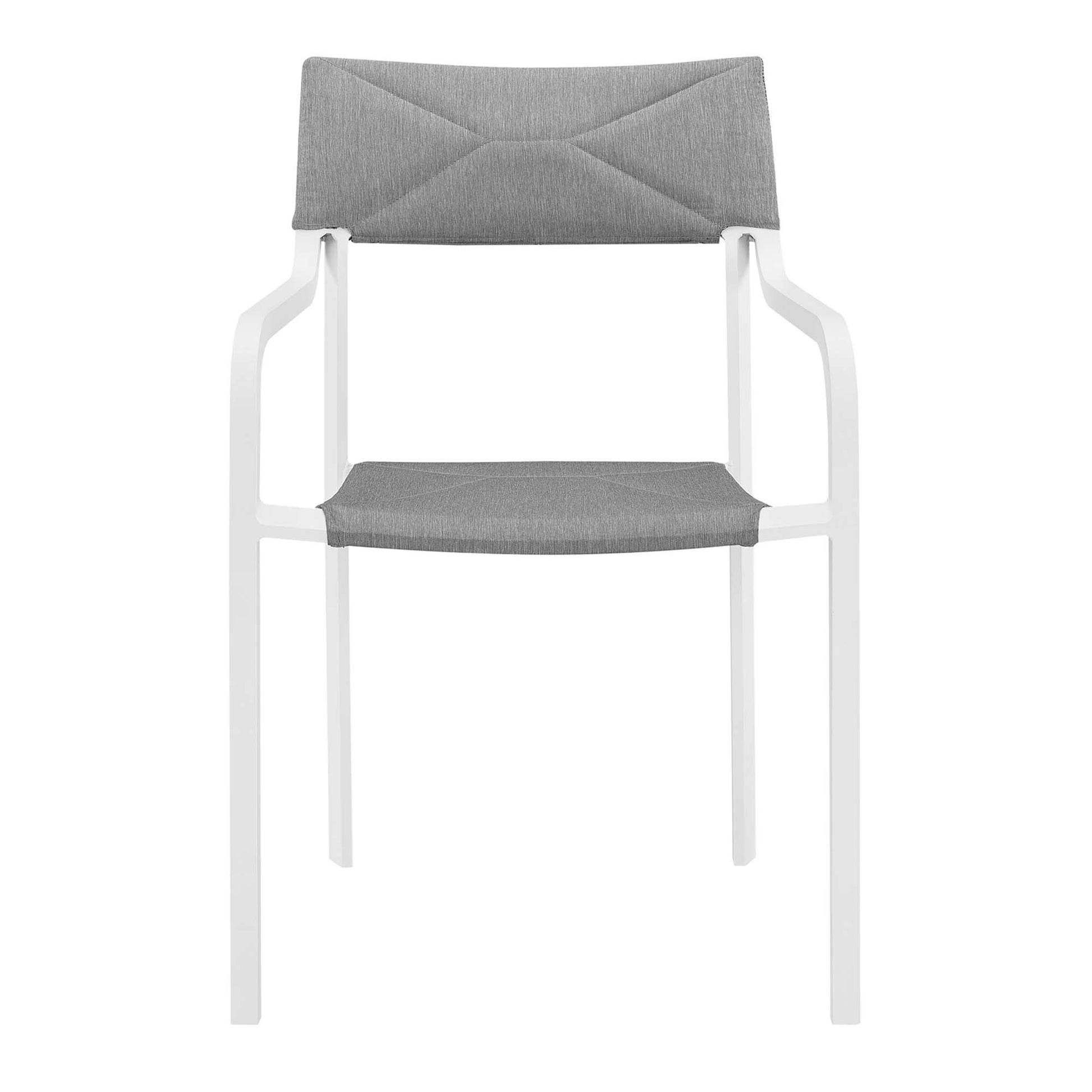 White metal frame chair with gray fabric backrest and seat cushions, modern minimalist design with integrated armrests.