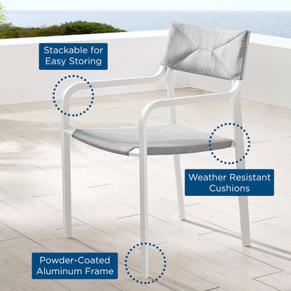White powder-coated aluminum outdoor dining chair with gray weather-resistant cushions; stackable for easy storage.
