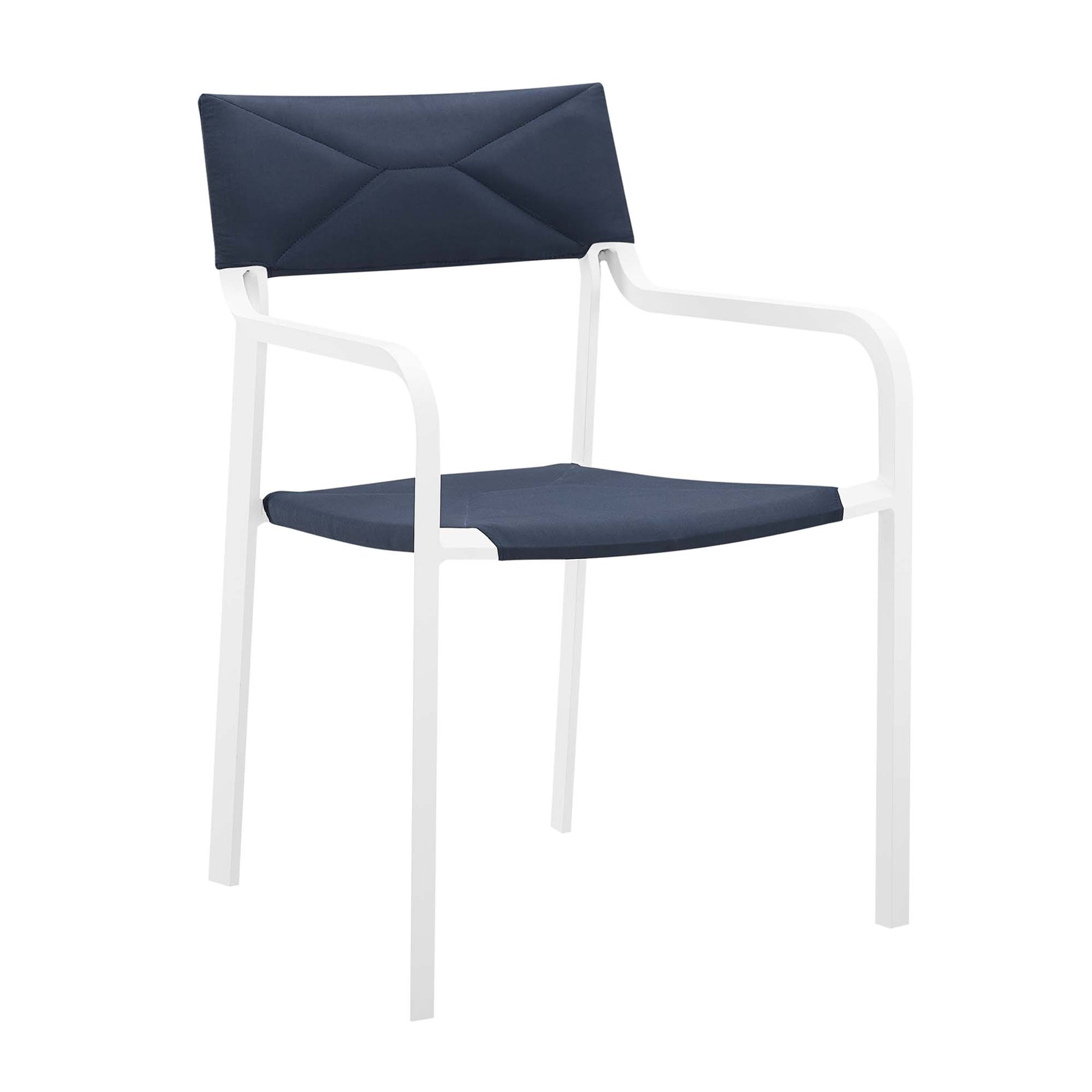 Blue aluminum outdoor stackable dining armchair with padded seat and quilted backrest, armrests.