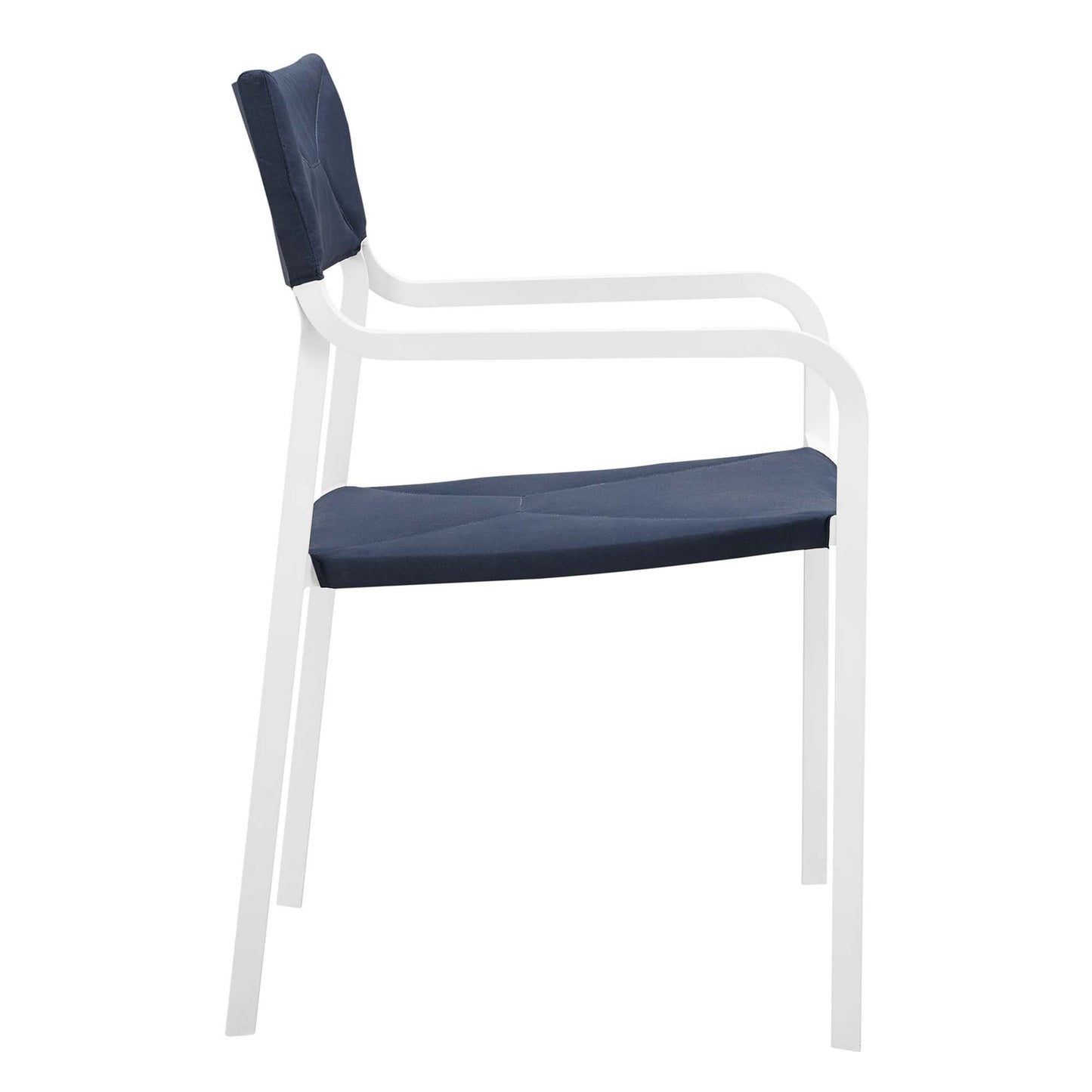 White aluminum dining chair with navy cushioned seat and back, curved armrests, modern minimalist style.