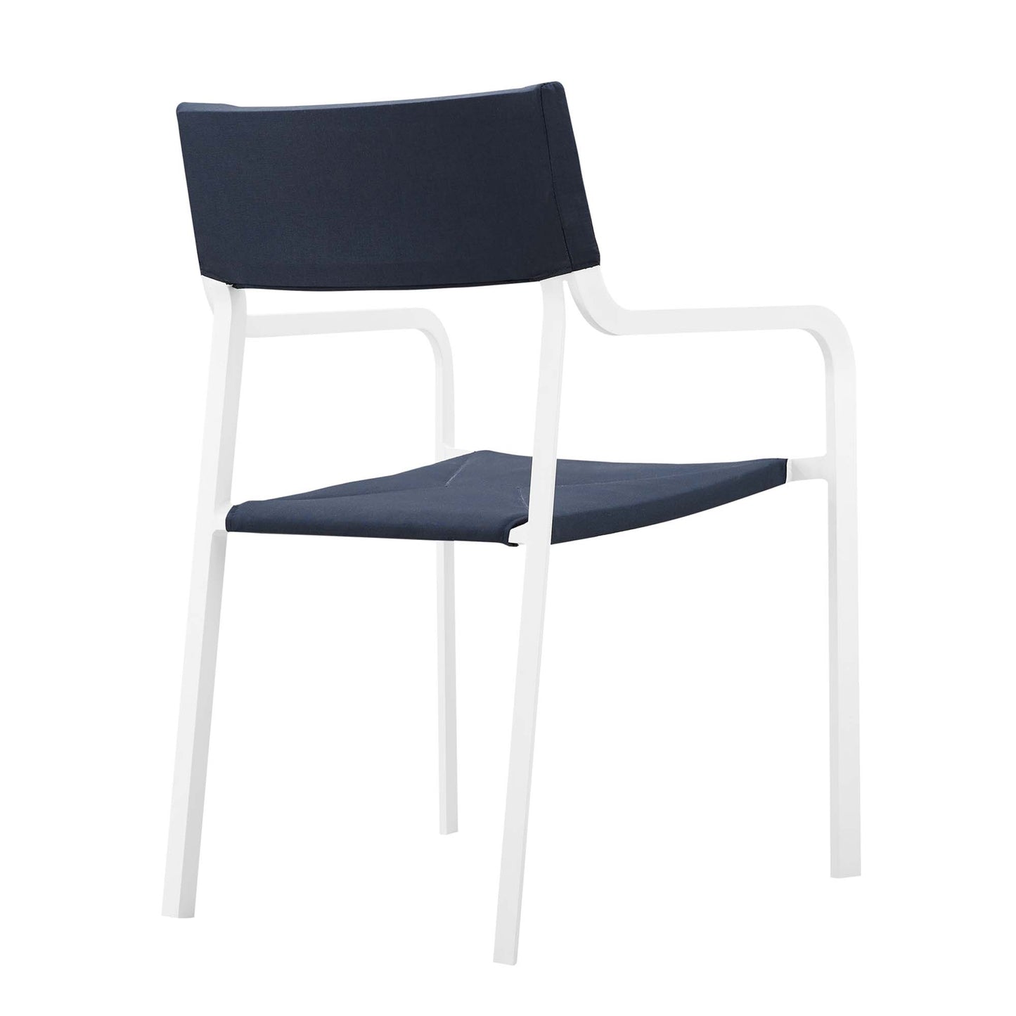 White aluminum outdoor dining armchair with navy blue fabric backrest and seat cushions, curved armrests, stackable and modern.