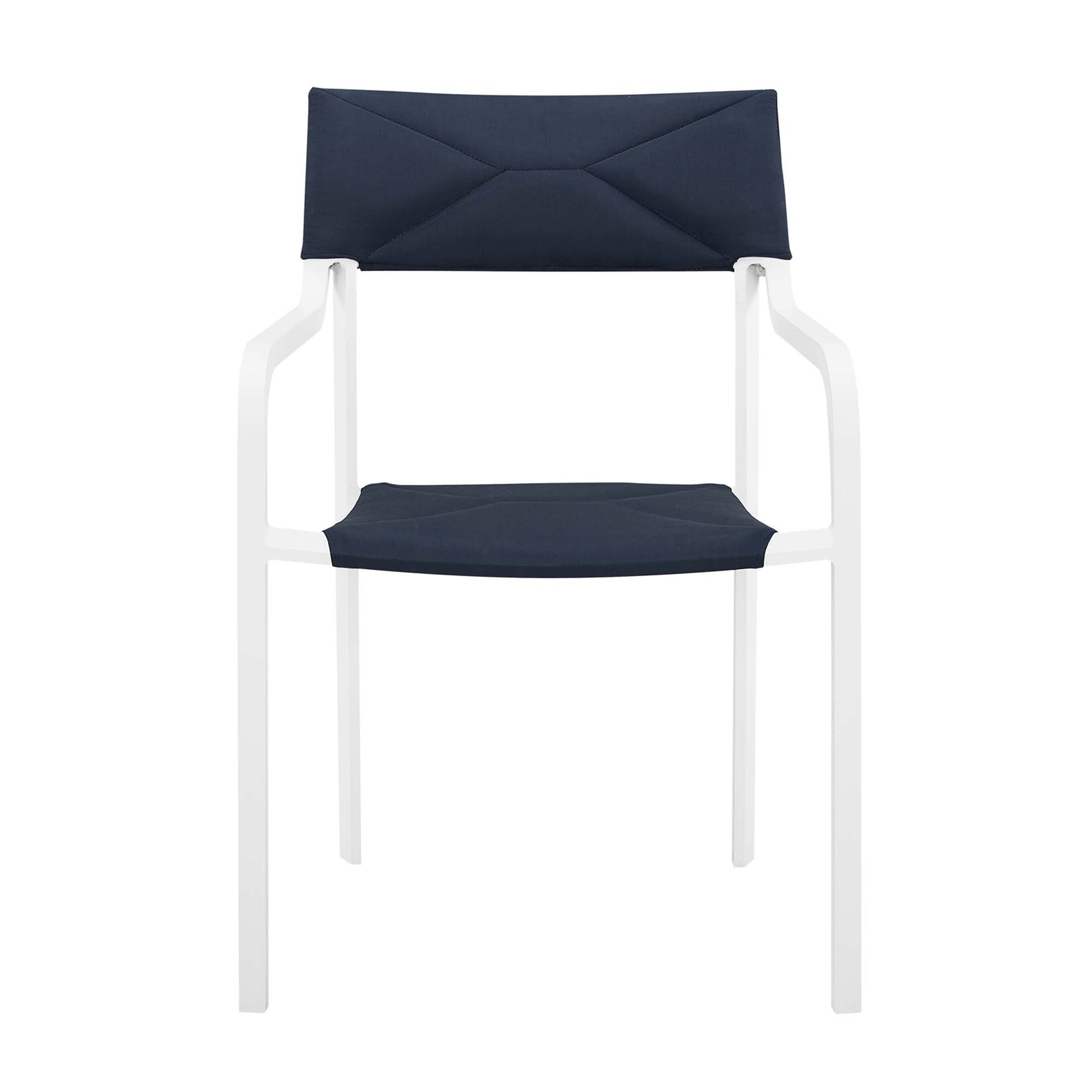 White metal-frame chair with navy padded backrest and seat cushions.