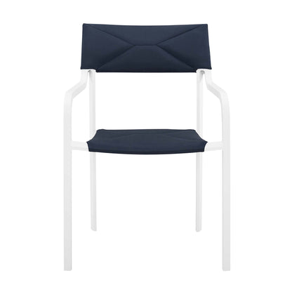 White metal-frame chair with navy padded backrest and seat cushions.