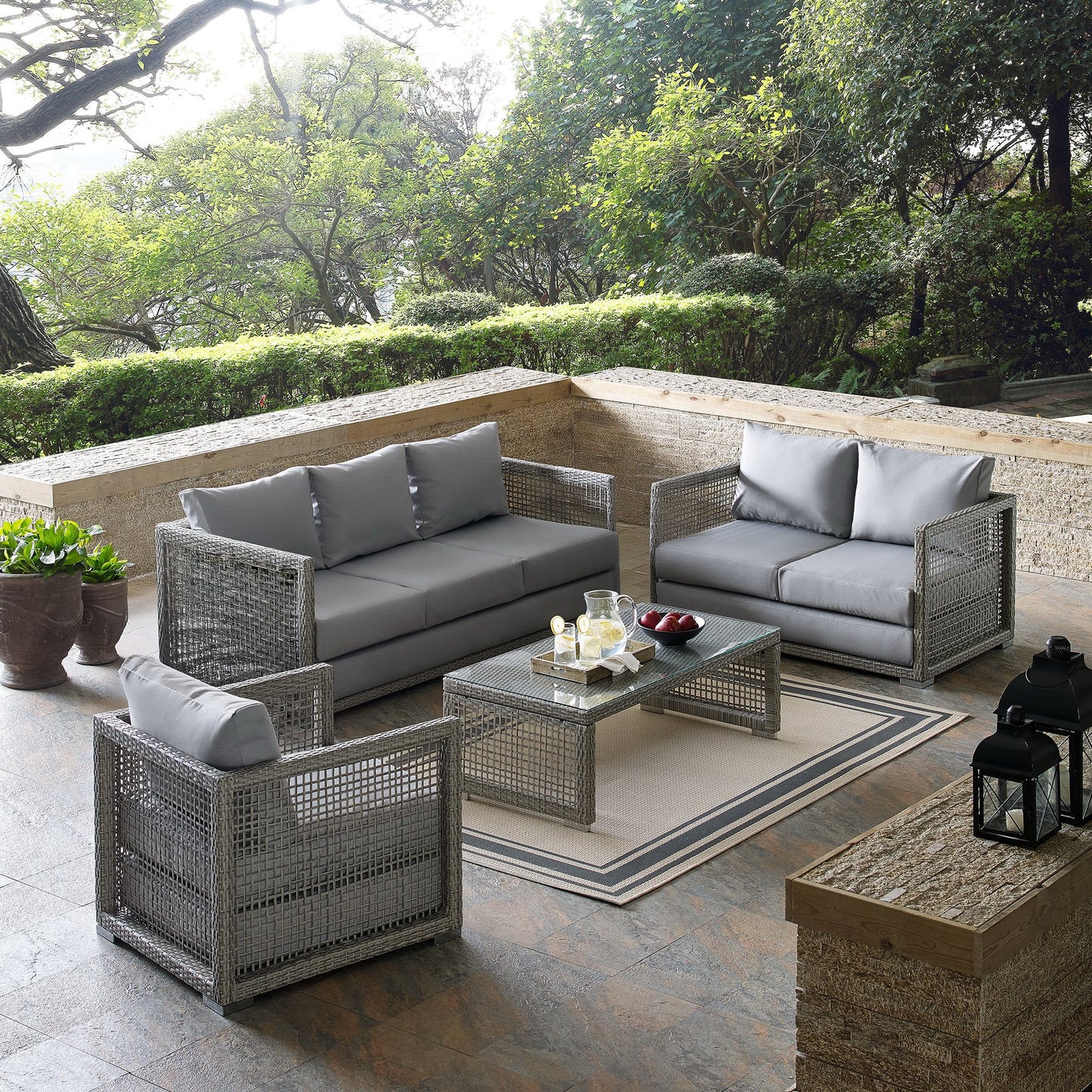 Modway - Aura 4 Piece Outdoor Patio Wicker Rattan Set by Modway  Outdoor Furniture Sofa Sectionals Gray - EEI-3596-GRY-GRY-SET