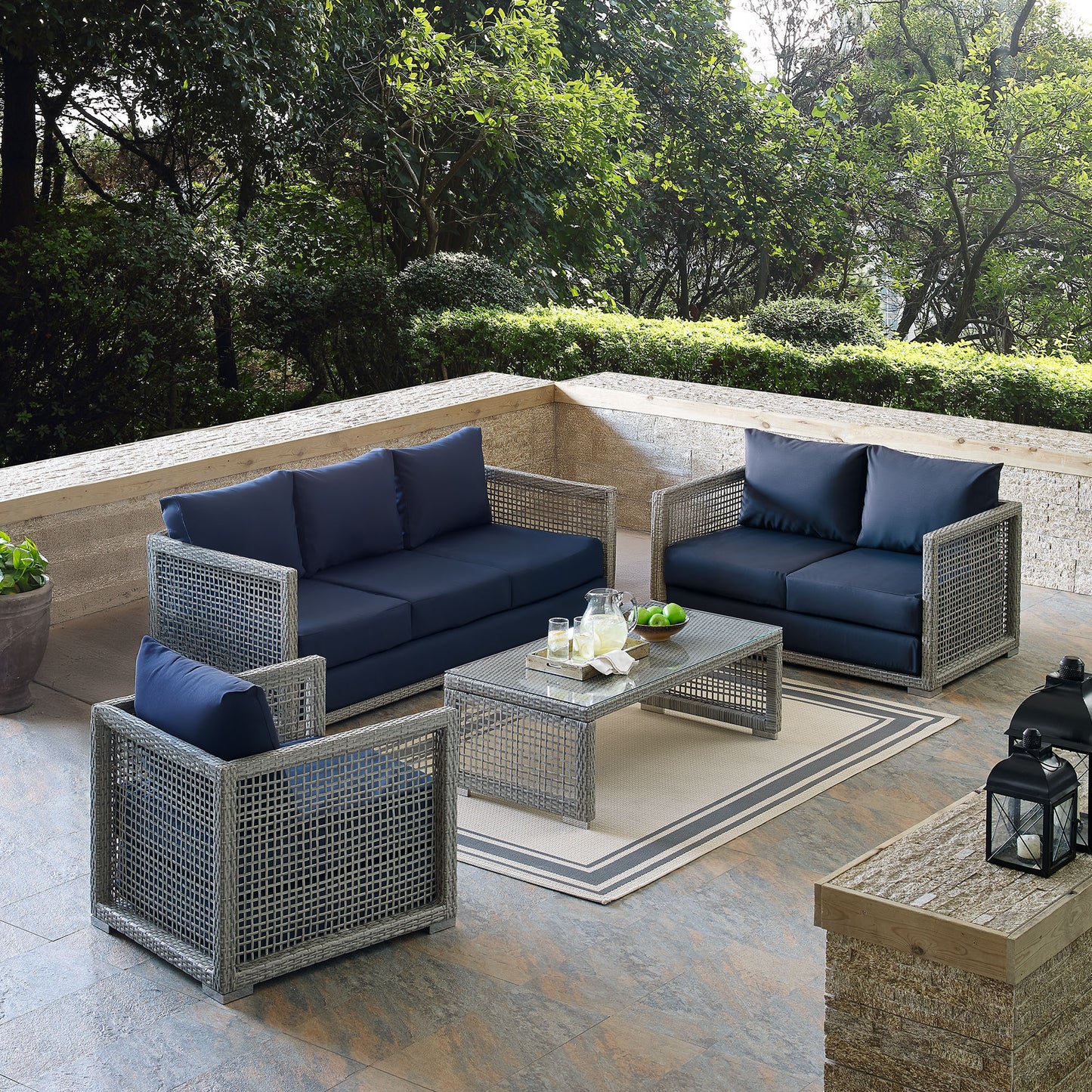 Modway Outlet Aura 4 Piece Outdoor Patio Wicker Rattan Set by Modway  Outdoor Furniture Furniture Gray Navy - EEI-3596-GRY-NAV-SET