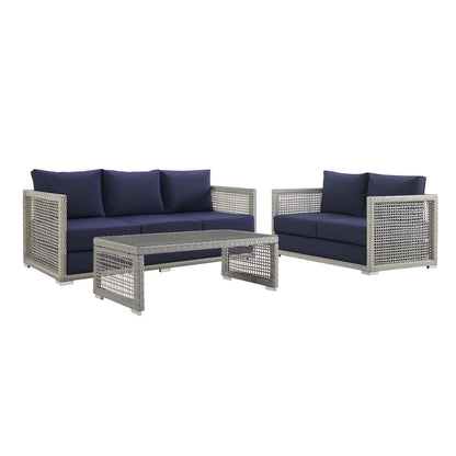 Modway Outlet Aura 3 Piece Outdoor Patio Wicker Rattan Set by Modway  Outdoor Furniture Furniture Gray Navy - EEI-3598-GRY-NAV-SET