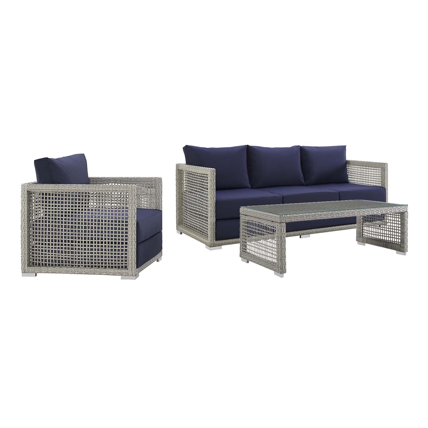 Modway - Aura 3 Piece Outdoor Patio Wicker Rattan Set by Modway  Outdoor Furniture Sofa Sectionals Blue - EEI-3599-GRY-NAV-SET