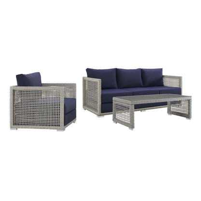 Modway - Aura 3 Piece Outdoor Patio Wicker Rattan Set by Modway  Outdoor Furniture Sofa Sectionals Blue - EEI-3599-GRY-NAV-SET