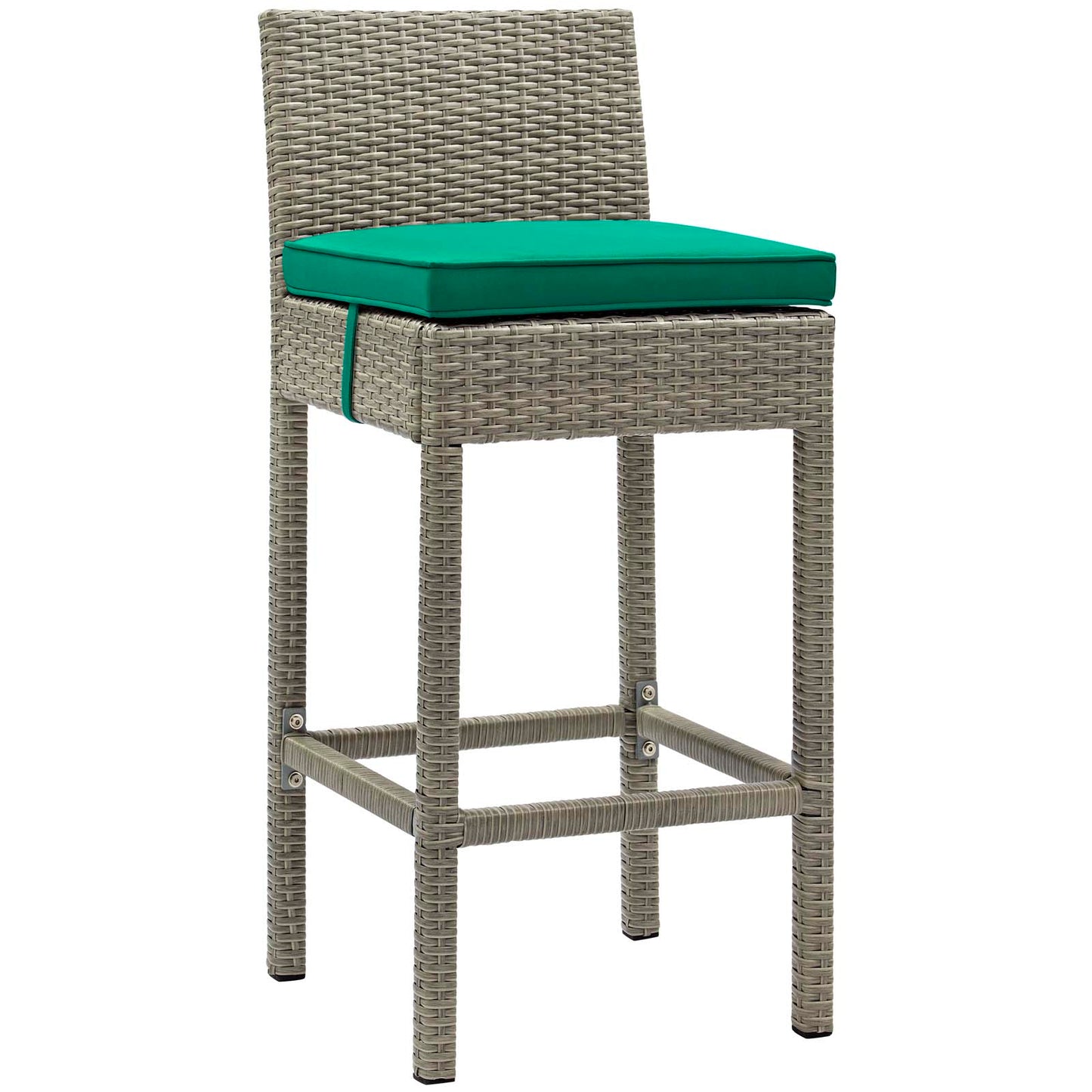 Outdoor wicker rattan bar stools with tall backs, gray-green cushions and built-in footrests — set of 4.