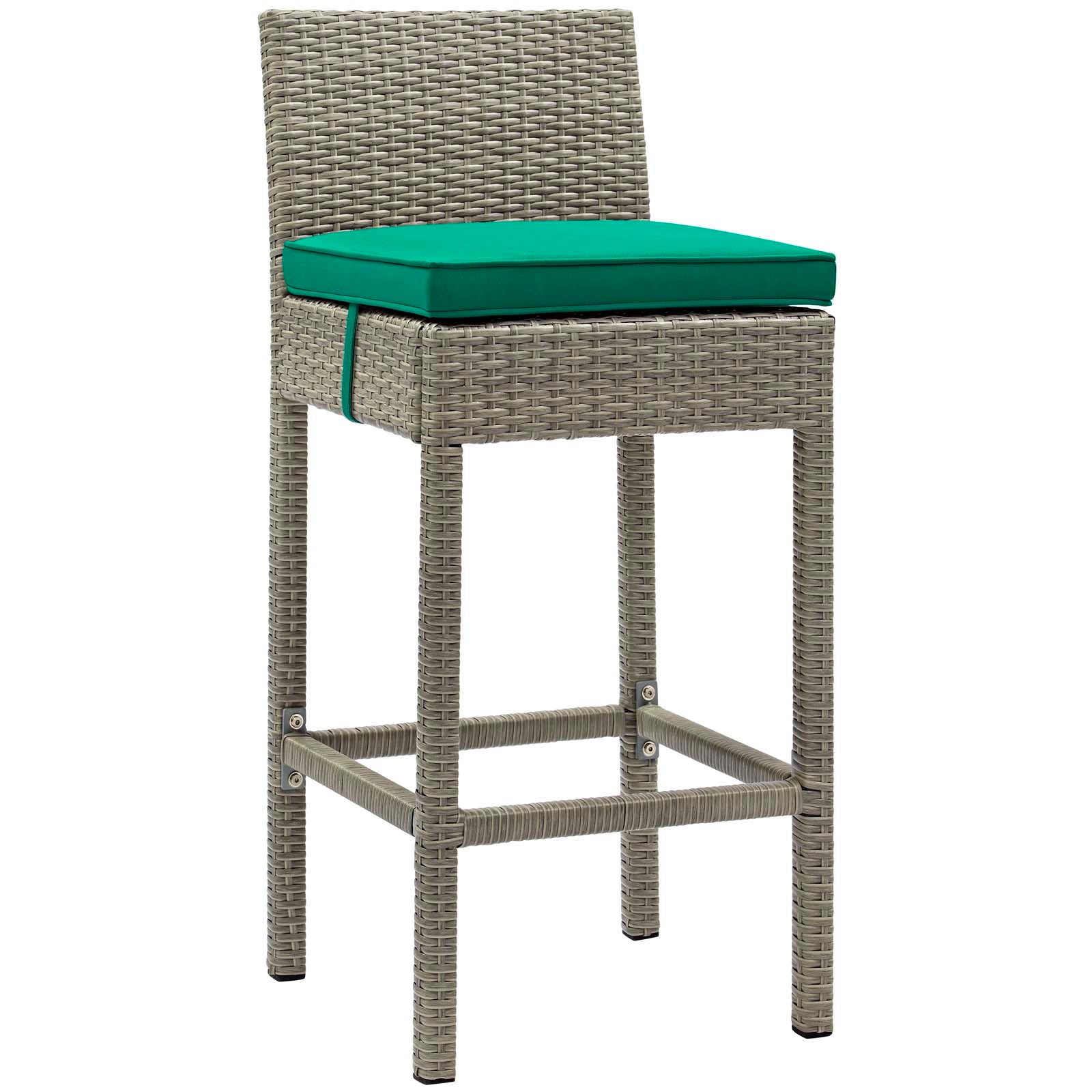 Outdoor wicker rattan bar stools with tall backs, gray-green cushions and built-in footrests — set of 4.