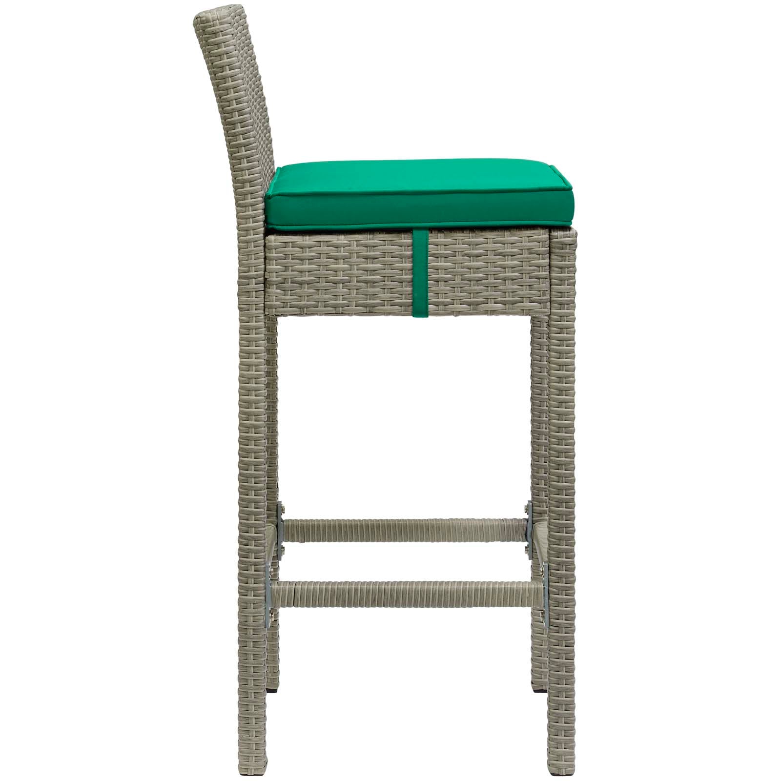Tall beige wicker outdoor bar stools with gray-green cushions, backrests and footrests, set of 4.