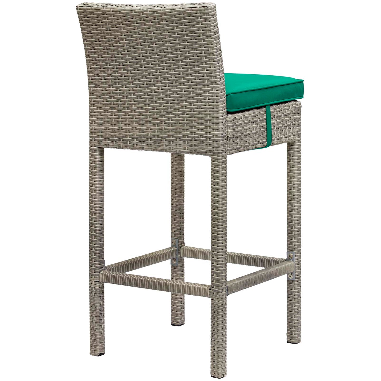 Gray woven rattan bar stools with green cushions, tall backs and footrests for outdoor patio use; set of 4.