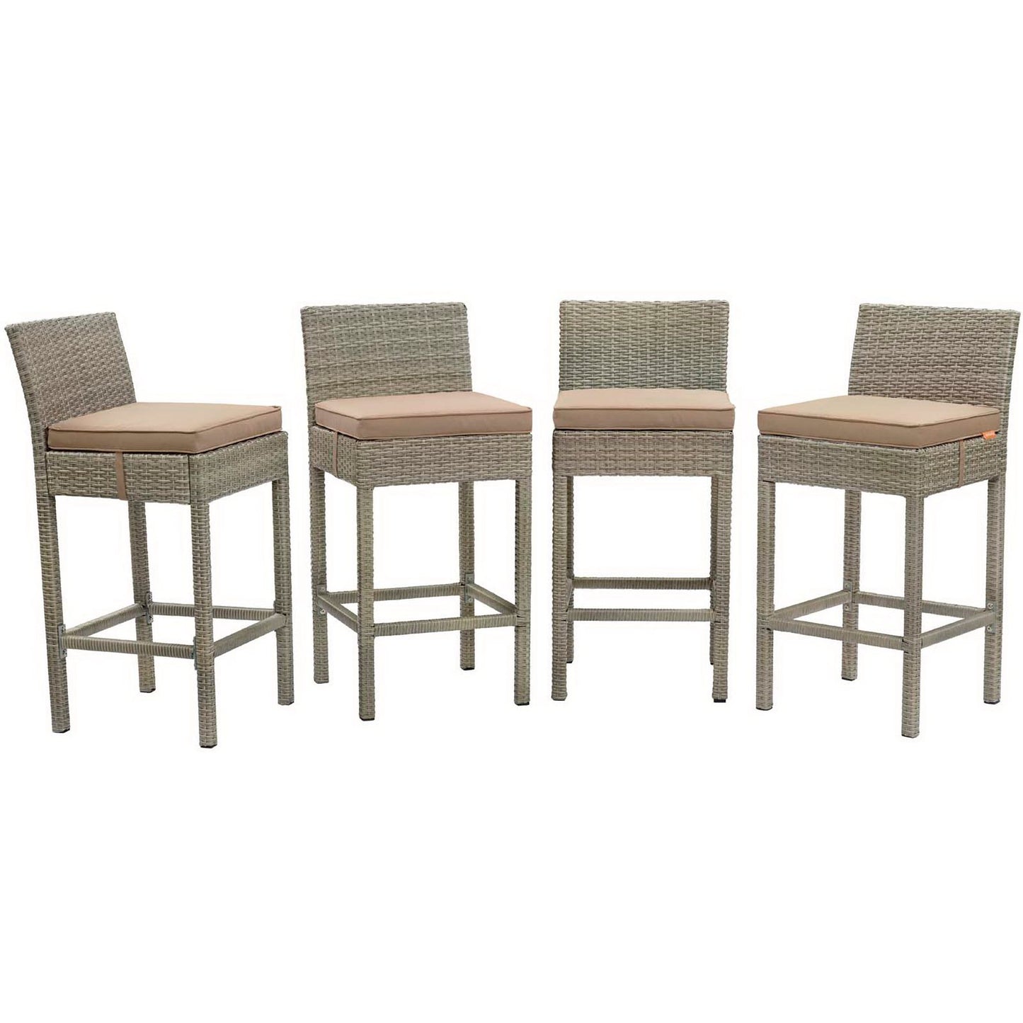 Set of four light gray and mocha wicker bar stools with backrests and cushions for outdoor patio use.