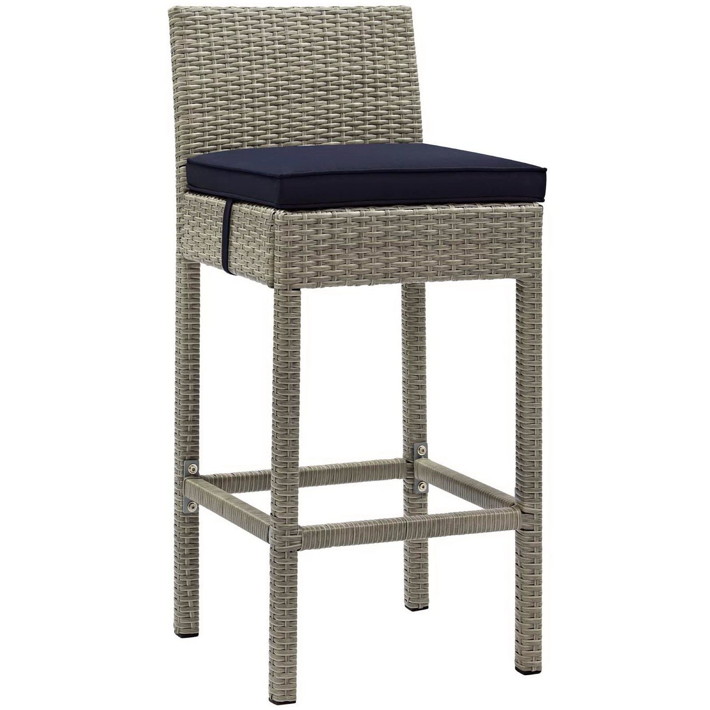 Gray woven rattan bar stool with navy cushion, backrest, straight legs and footrest.