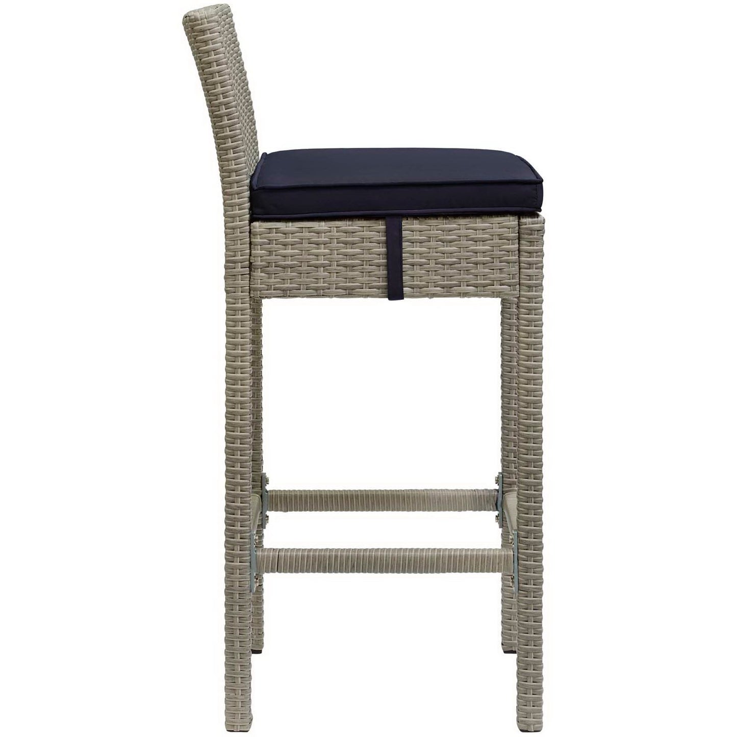 Light gray wicker/rattan bar stools with navy cushions, high backs, and footrests for outdoor patio use (set of 4).