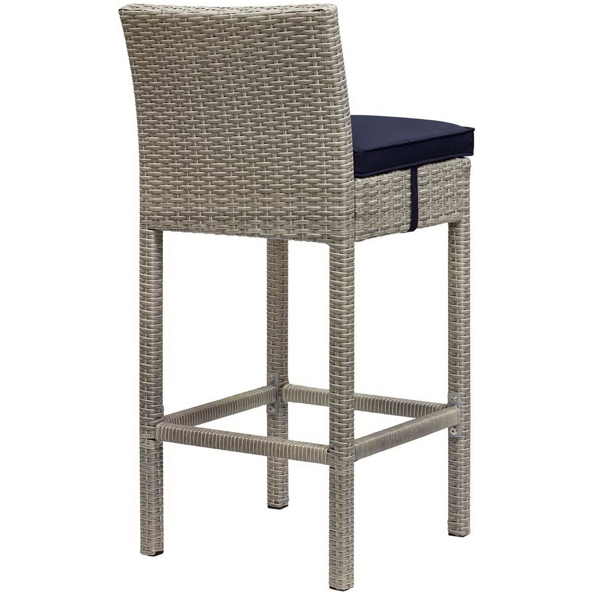 Gray wicker outdoor bar stools set of 4 with navy cushions, high backs and footrests