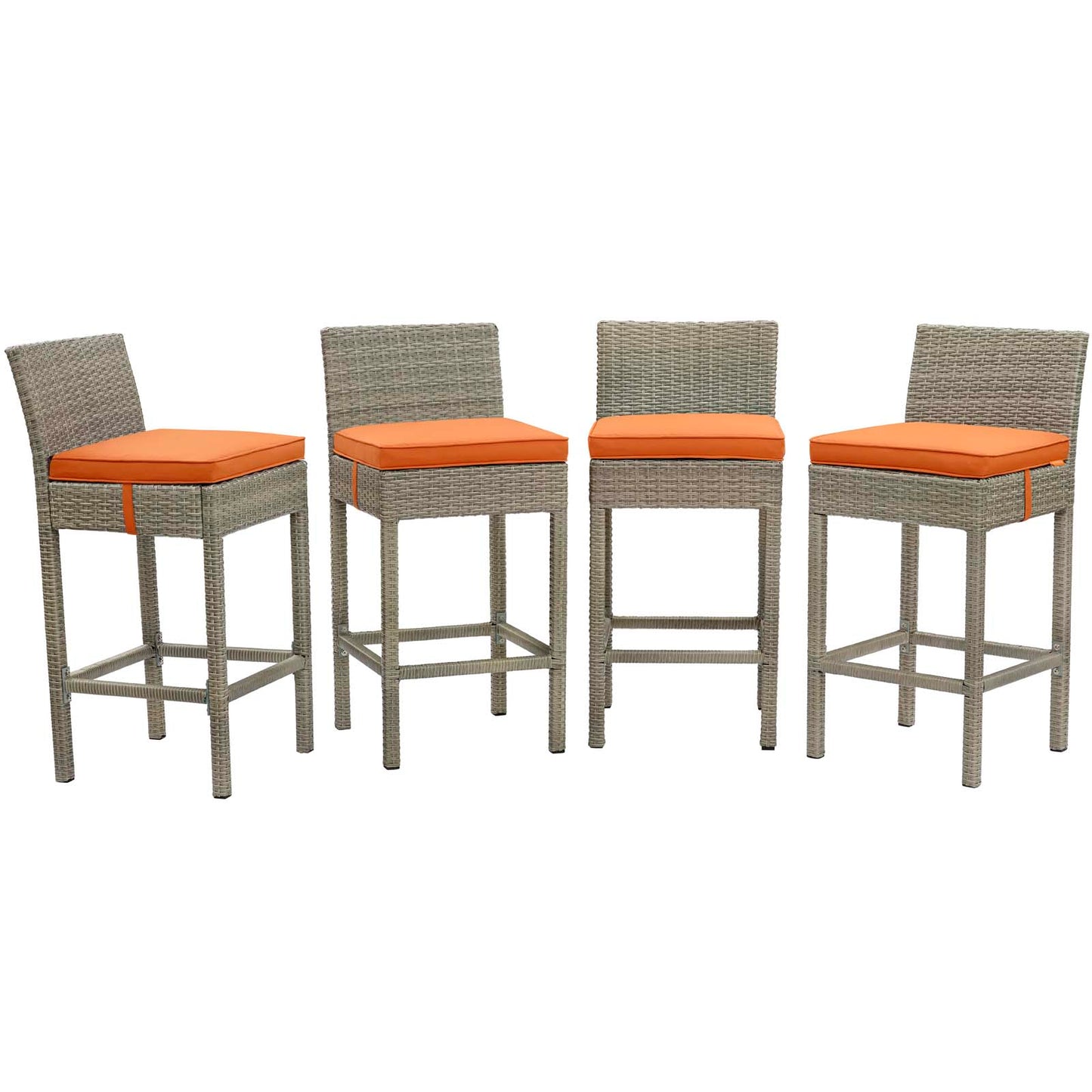 Set of four grey wicker bar stools with orange cushions and backrests.