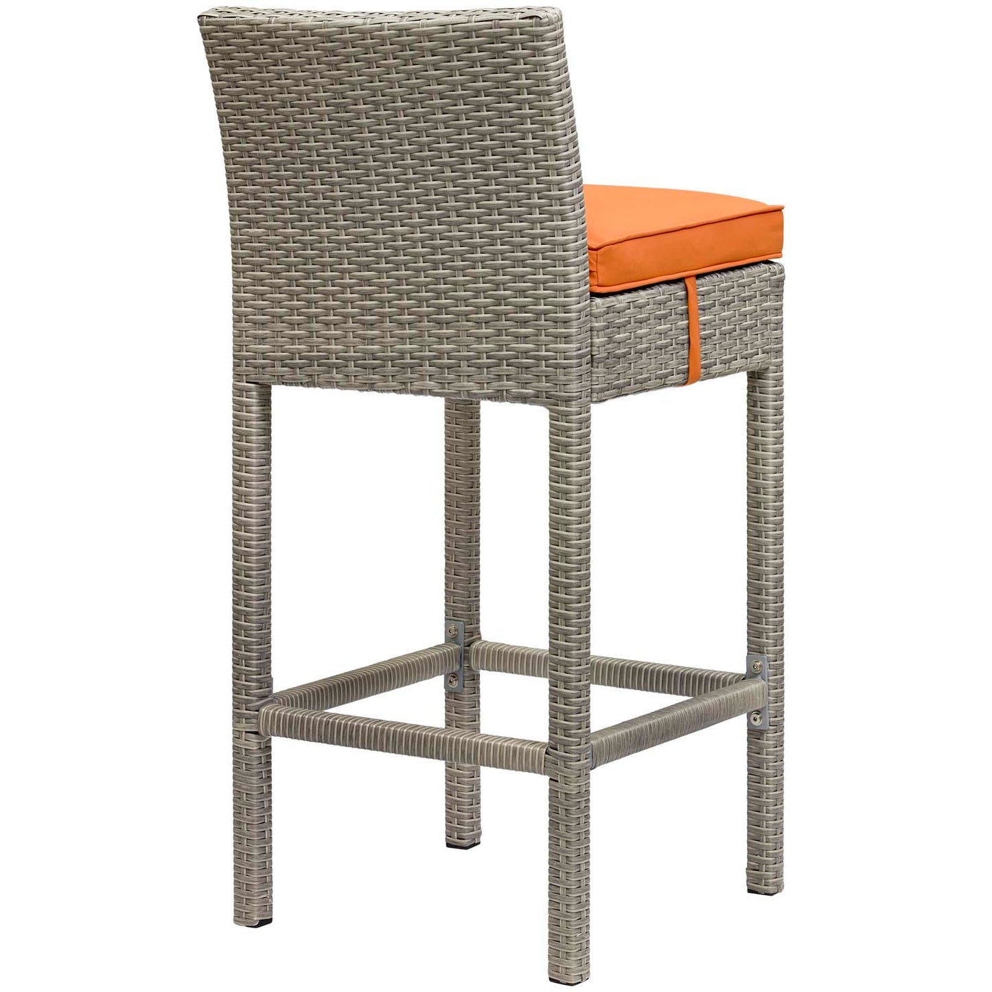 Grey wicker rattan bar stools with orange seat cushions, tall backs and footrests for outdoor patio — set of 4.