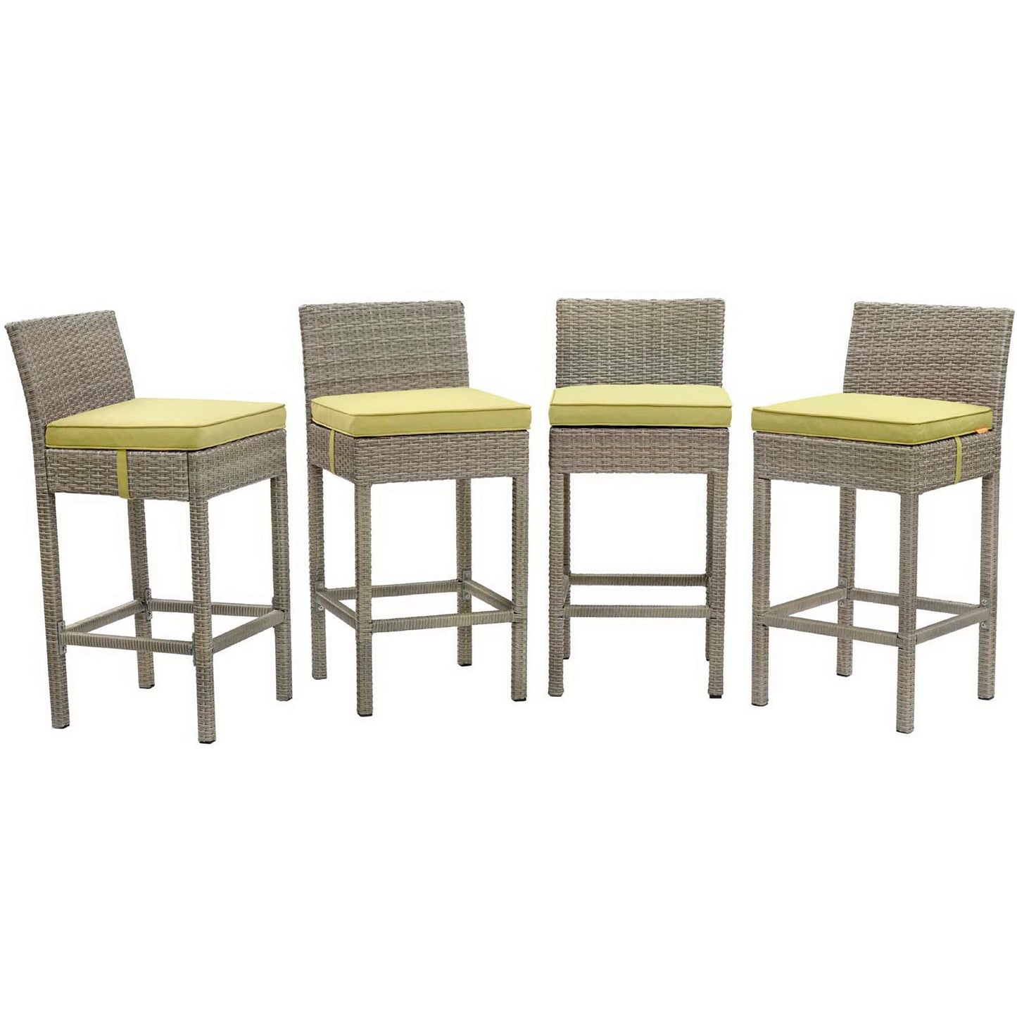 Set of four gray wicker bar stools with yellow seat cushions, high backs and footrests.