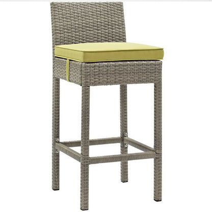 Light gray woven rattan outdoor bar stools with backrests and peridot cushions, set of 4.