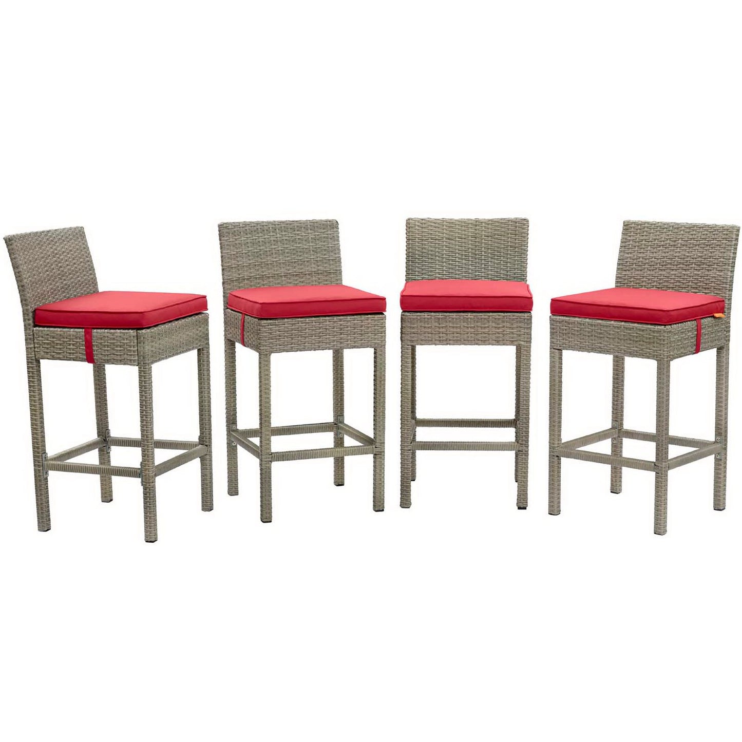 Set of four gray wicker bar stools with red cushion seats, tall backs and footrests for outdoor patio.