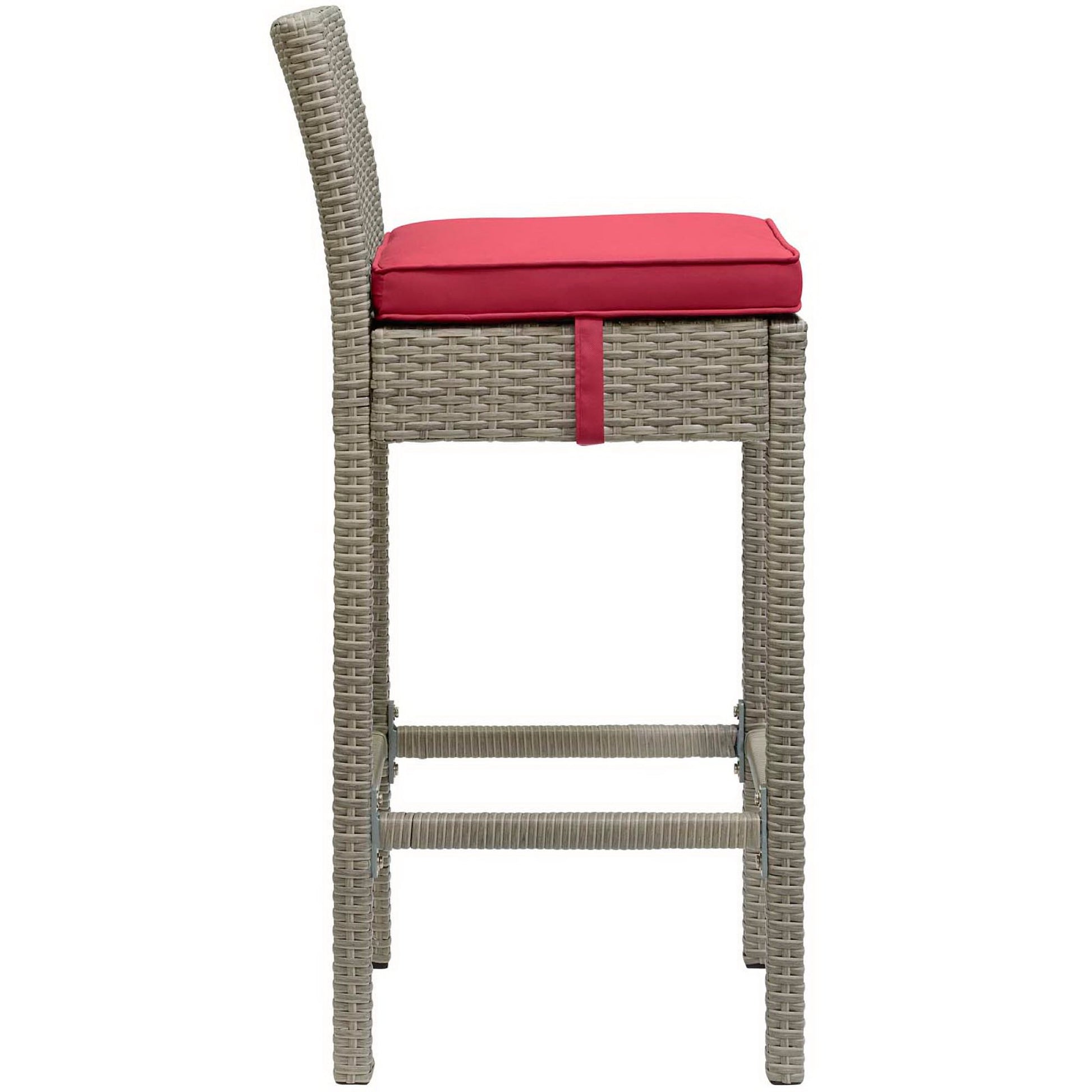 Outdoor wicker rattan bar stools set of 4 with light gray frames and red cushioned seats; tall backs and footrests.