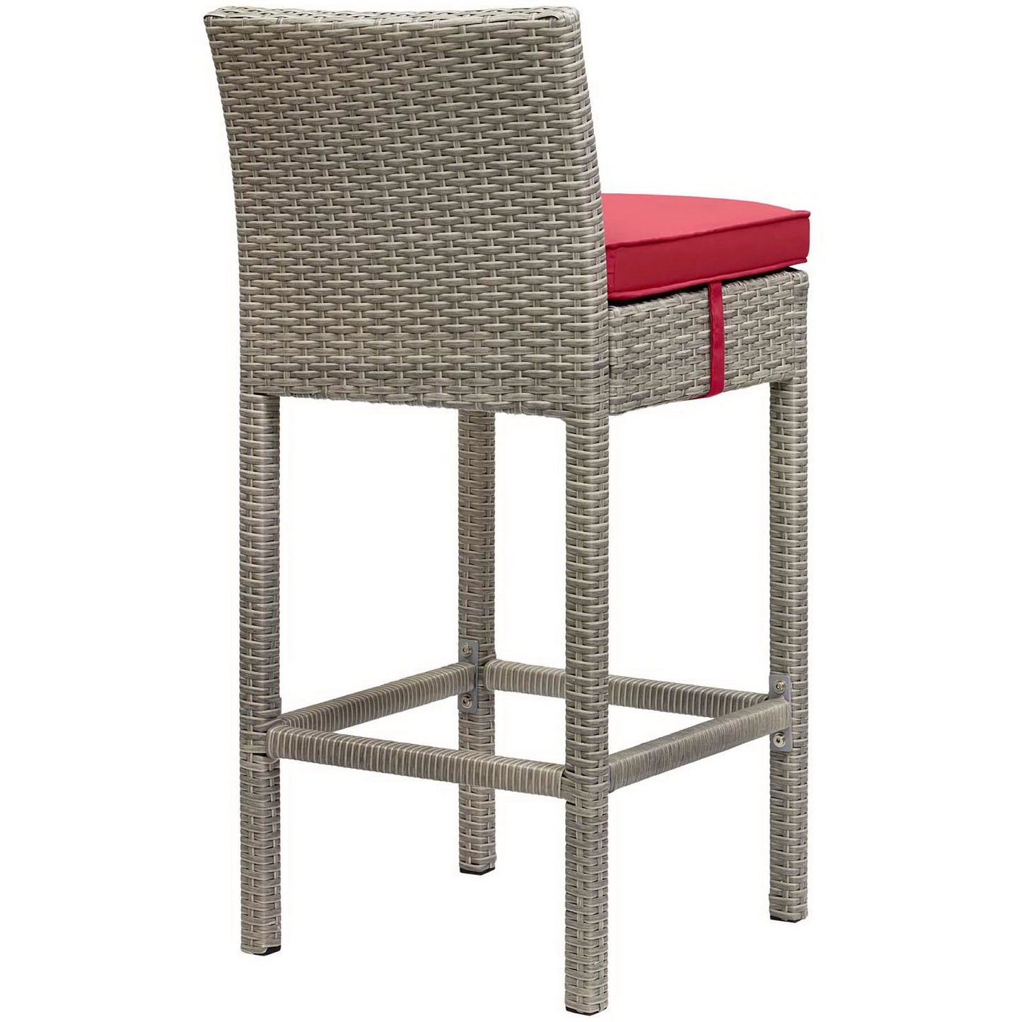 Light gray woven rattan bar stool with high back and red cushioned seat.