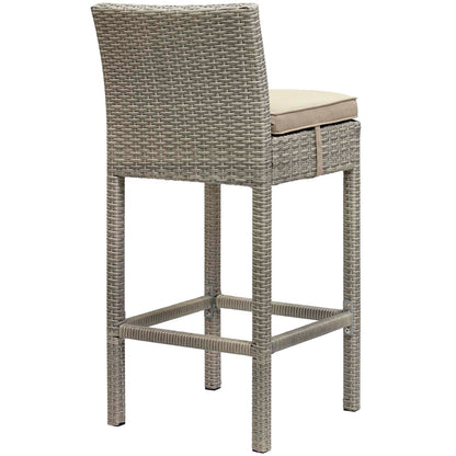 Gray wicker bar stools with tall backs, beige cushioned seats, and woven footrests for outdoor patio set of 2