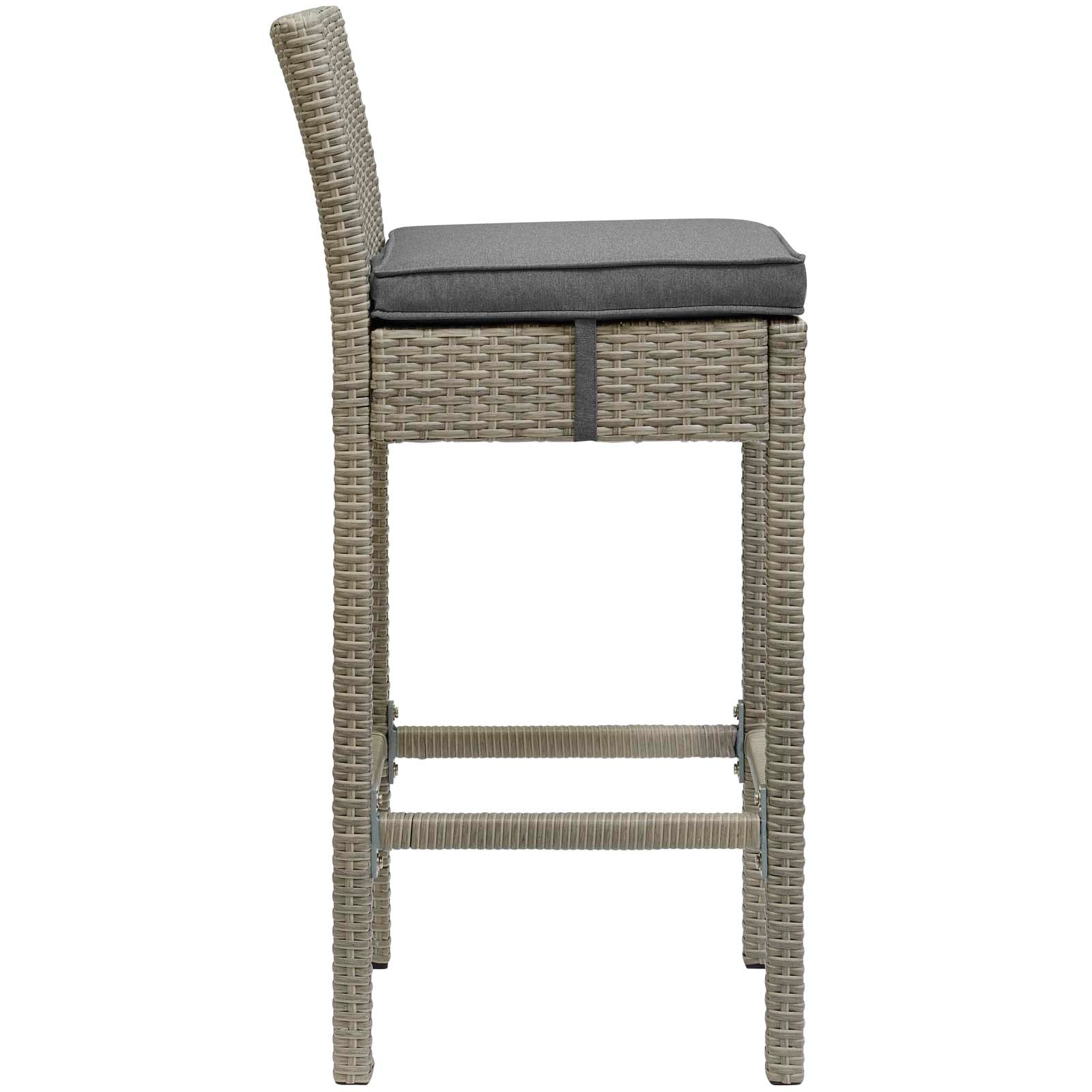 Outdoor wicker rattan bar stools with tall backrests, set of 2, light gray frames and charcoal cushions.
