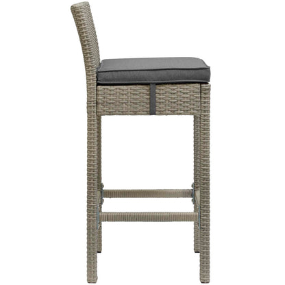 Outdoor wicker rattan bar stools with tall backrests, set of 2, light gray frames and charcoal cushions.