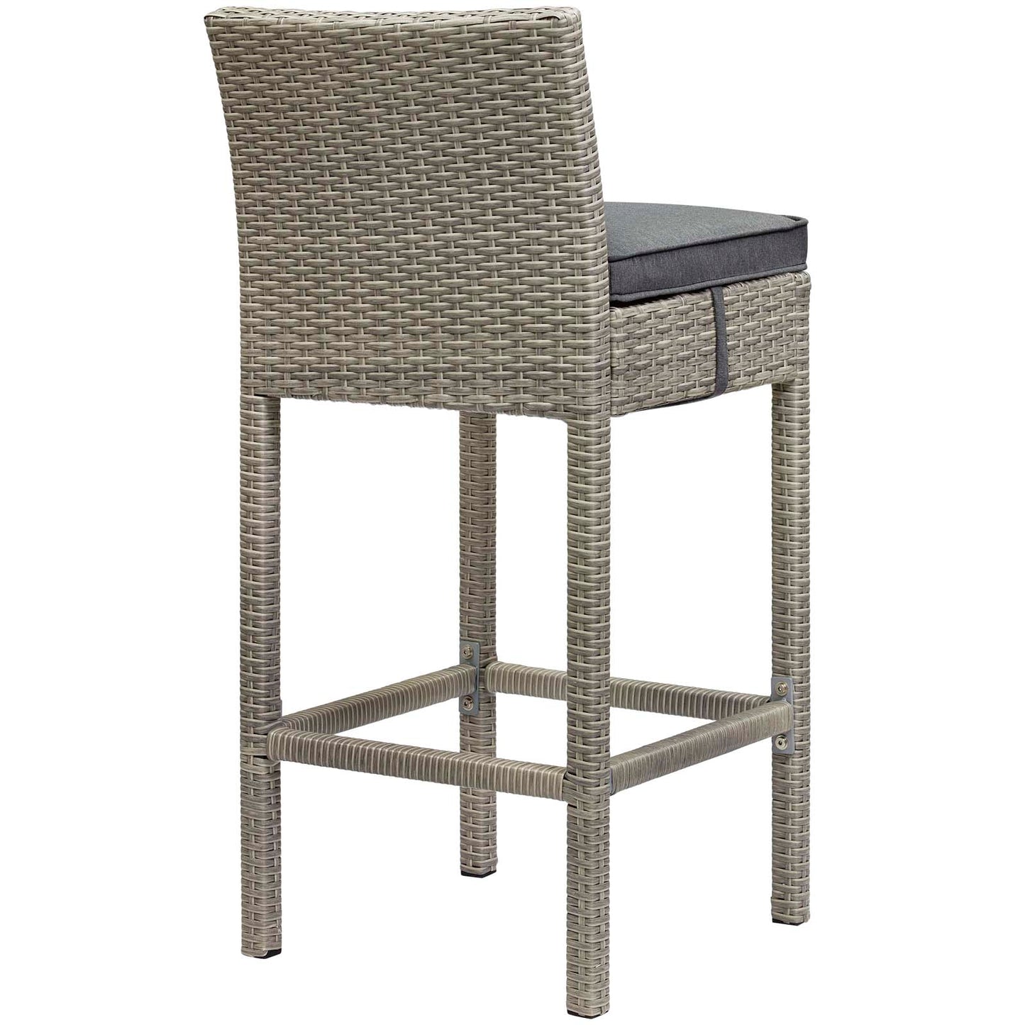 Light gray wicker bar stools with backrests, dark gray cushioned seats, and footrests — set of 2