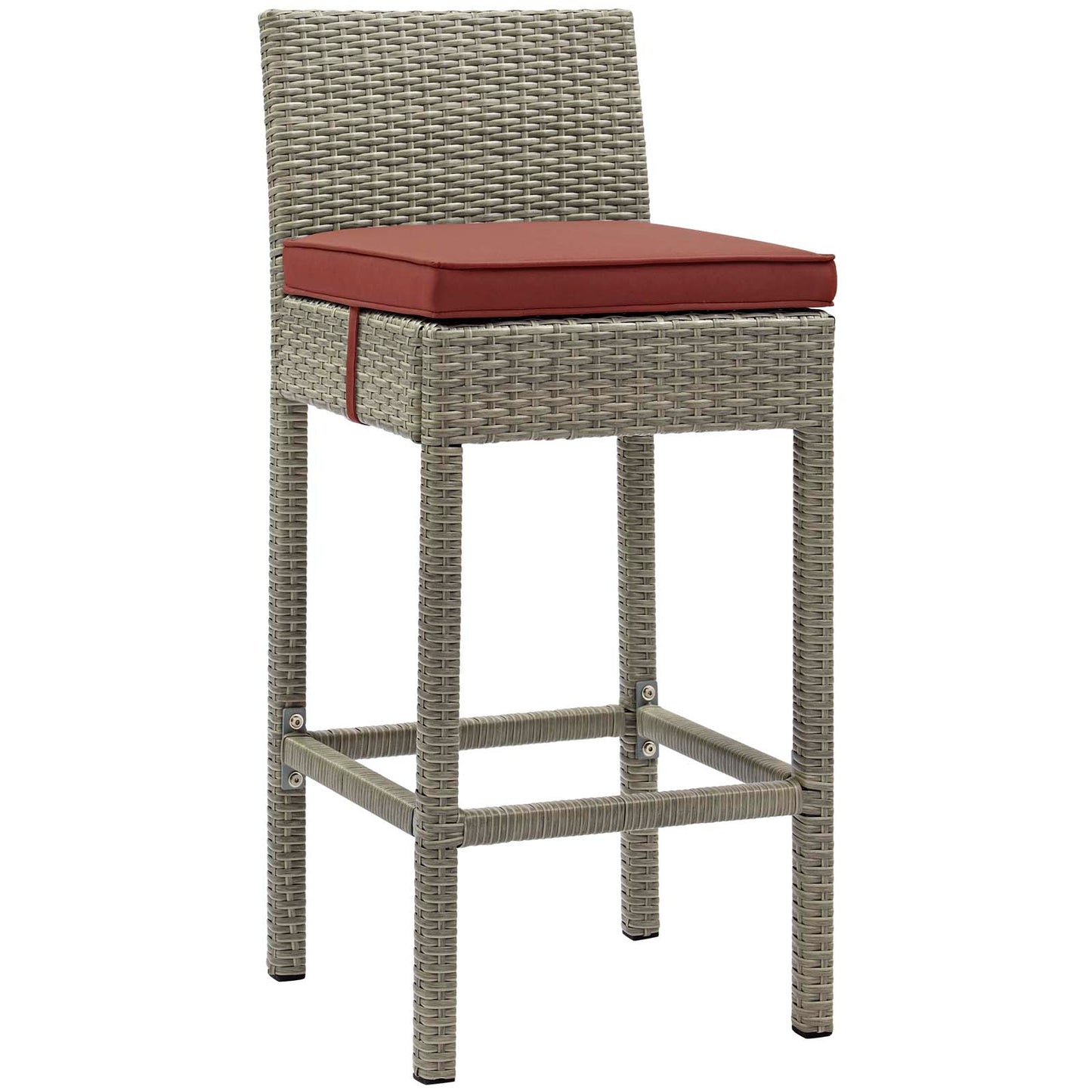 Set of 2 outdoor wicker rattan bar stools with light gray frames and currant cushions, high backs, and footrests for patio use.
