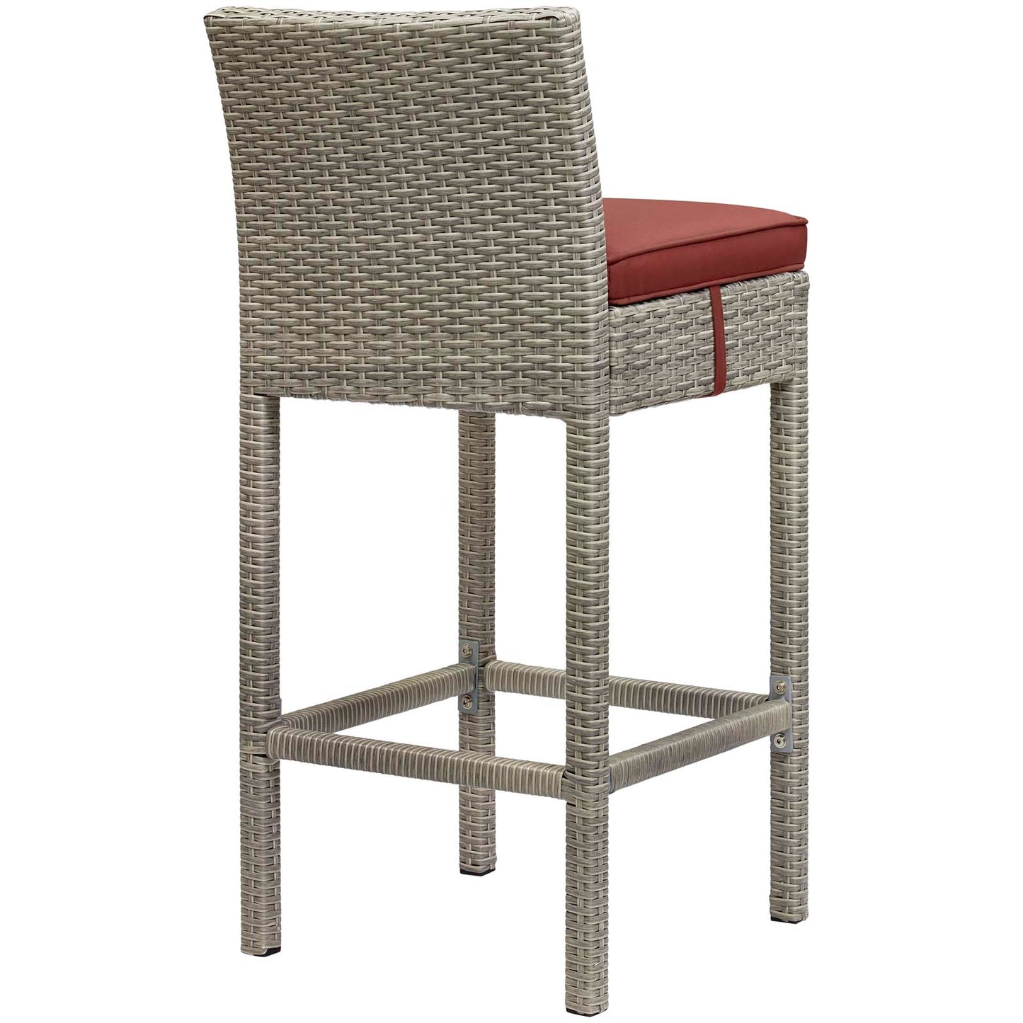 Light gray woven bar stools with red seat cushions, square legs and footrests for outdoor patio use, set of 2.