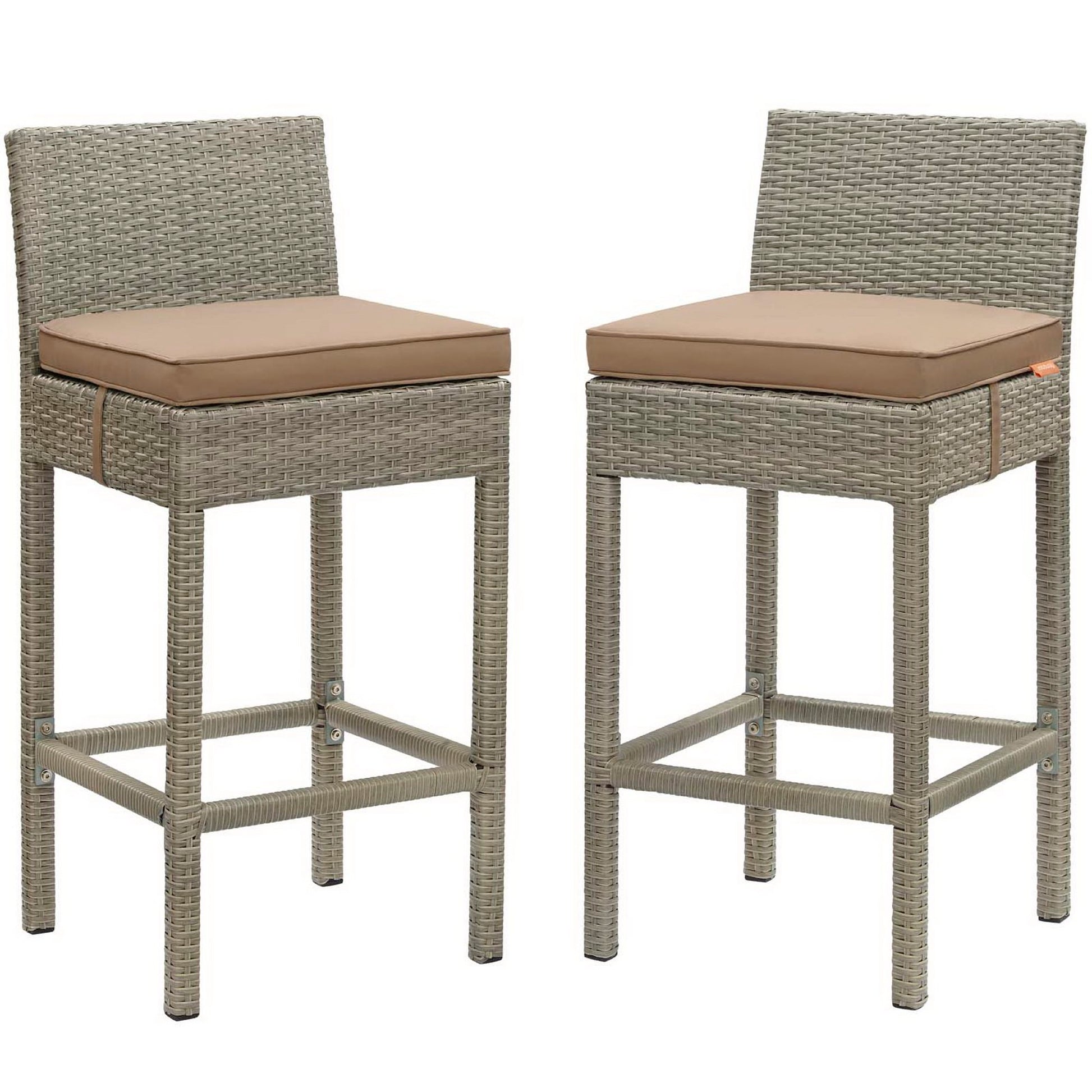 Pair of gray wicker bar stools with mocha cushions, high backs, and footrests.