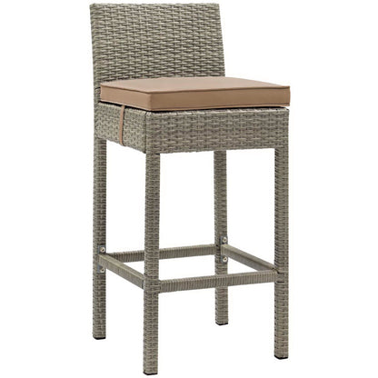 Grey woven rattan bar stools set of 2 with backrests and mocha cushions; tall outdoor patio seating with footrests.