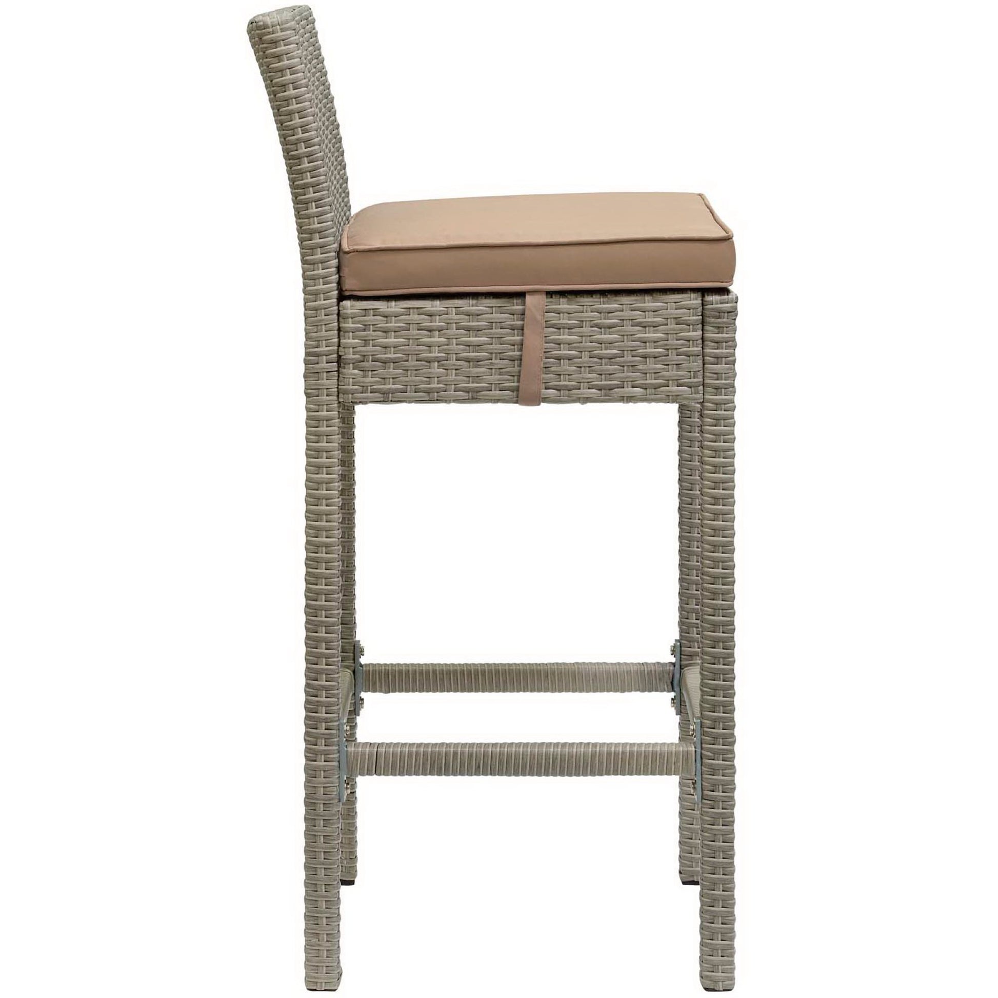 Outdoor wicker rattan bar stools (set of 2) in light mocha with tall backs, beige seat cushions, and footrest rails.