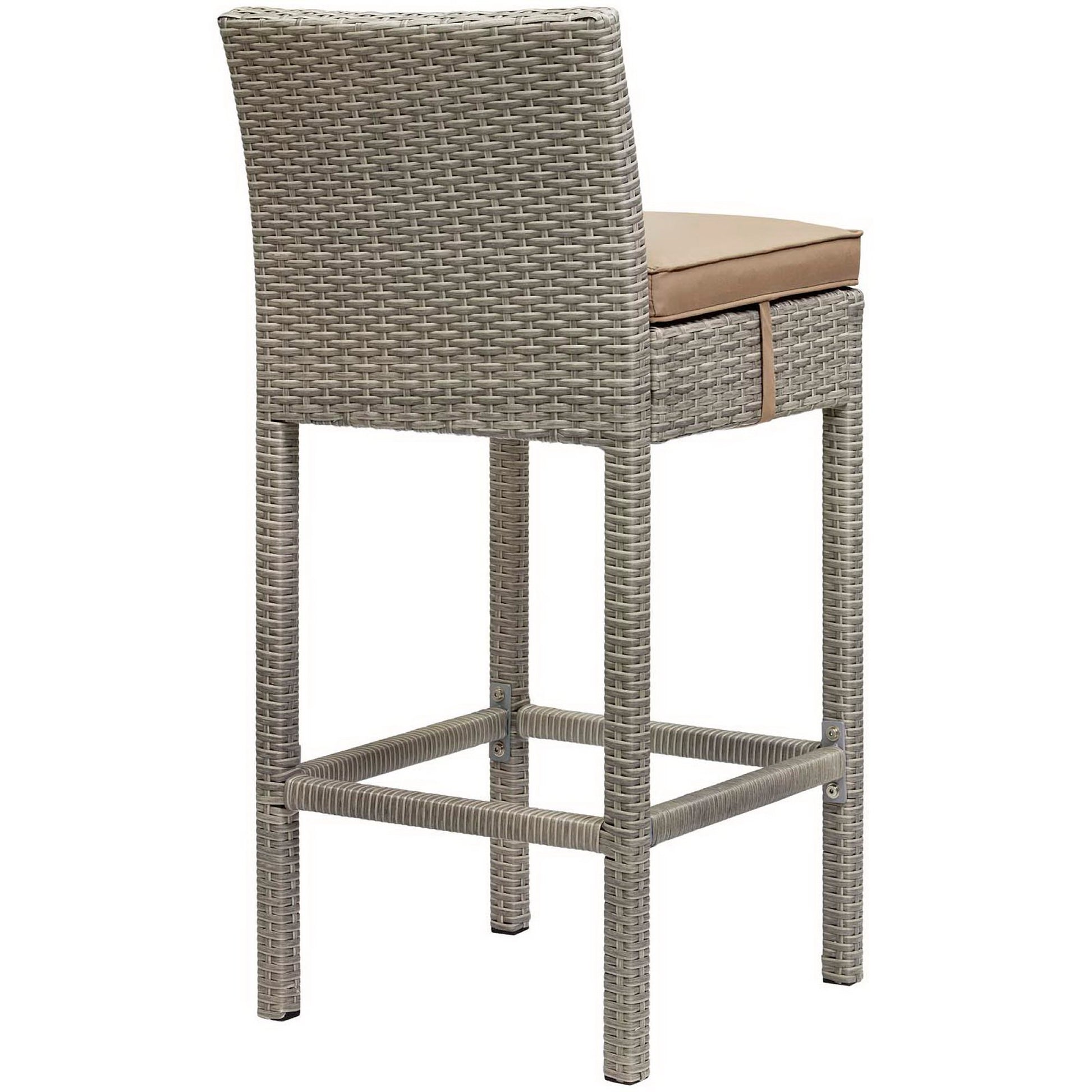 Light gray wicker rattan bar stools with mocha cushions, tall backs, and footrests for outdoor patio use — set of 2.